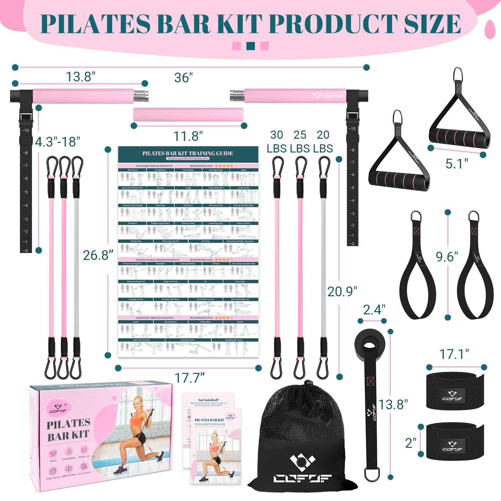 Pilates Bar Kit with Resistance Bands, Multifunctional Yoga Pilates Bar with Heavy-Duty Metal Adjustment Buckle, Portable Home Gym Pilates Resistance Bar for Women Full Body Workouts(20-150LBS)-Pink