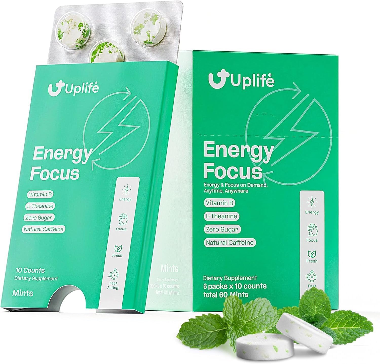 UPLIFE Energy and Focus Mint 60 Pcs – Made in USA - Peppermint – Natural Caffeine Mint Coffee Alternative - Organic Mint with 40mg Caffeine + 80mg L-Theanine + B3 & B12 - Suger Free, Non GMO