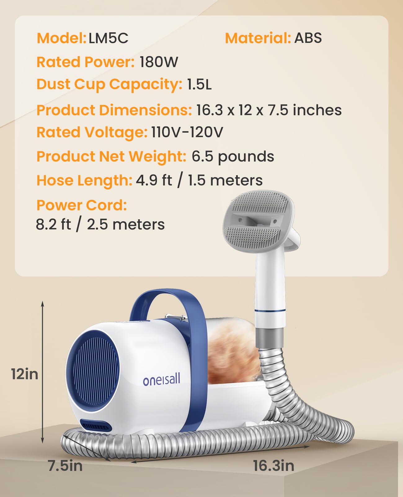 oneisall Cat Grooming Vacuum, Low-Noise Pet Vacuum Grooming Kit with Brush & Clippers for Hair Shedding Trimming Grooming, 6 in 1 Cat Vacuum Groomer for Pet Hair Grooming