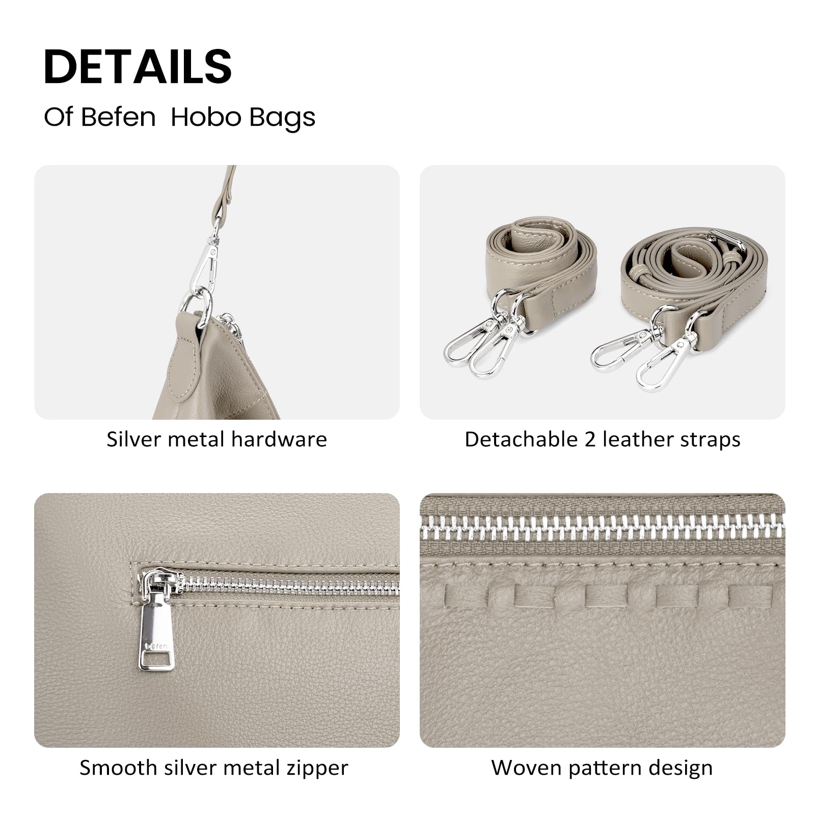 befen Soft Shoulder Bags for Women Genuine, Medium Leather Purses for Women, Ladies 100 Percent Leather Purse, Lightweight Shoulder Handbags Beige Grey