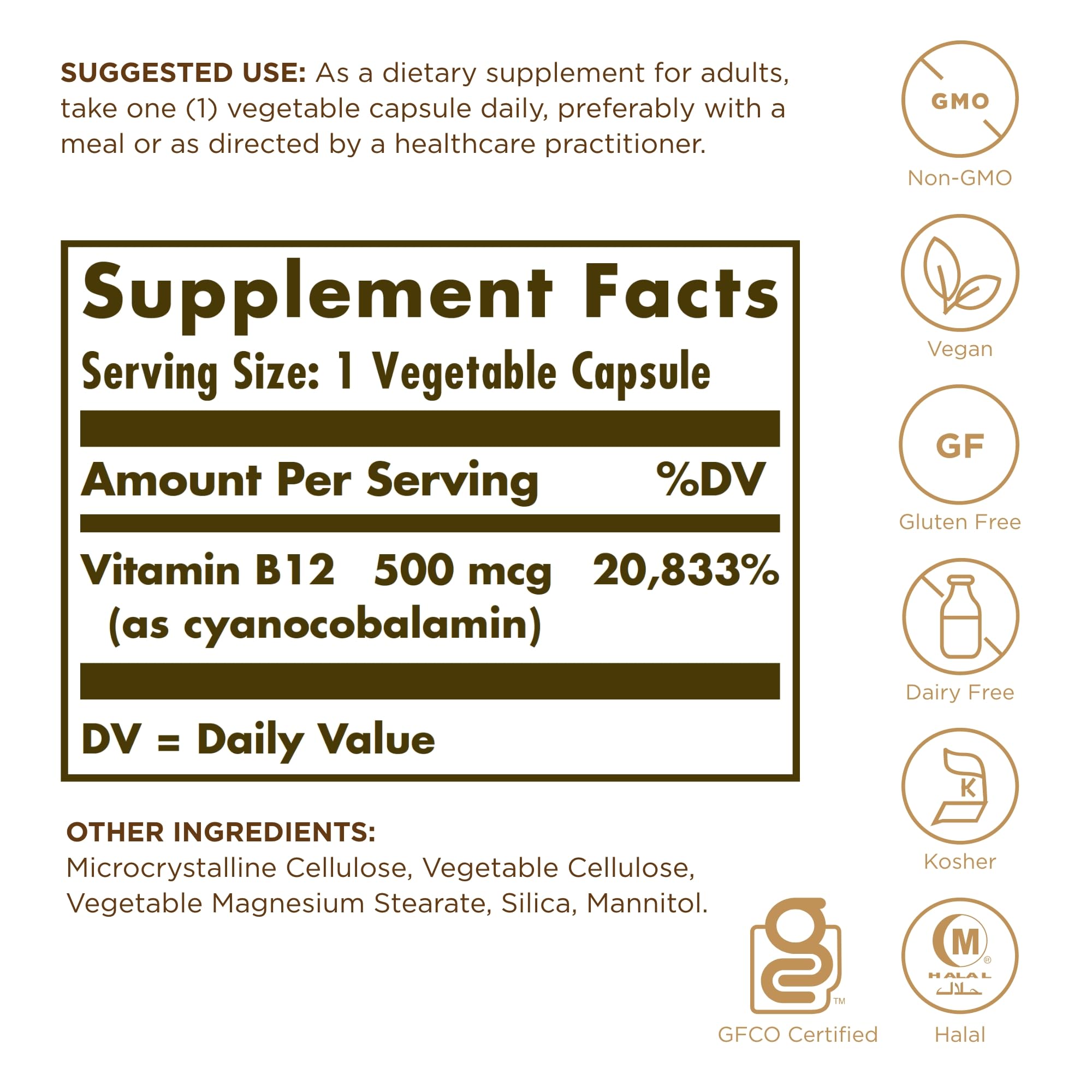 SOLGAR Vitamin B12 500 mcg - 100 Vegetable Capsules - Energy Metabolism & Nervous System Support - Non-GMO, Vegan, Gluten & Dairy Free, Kosher, Halal - 100 Servings
