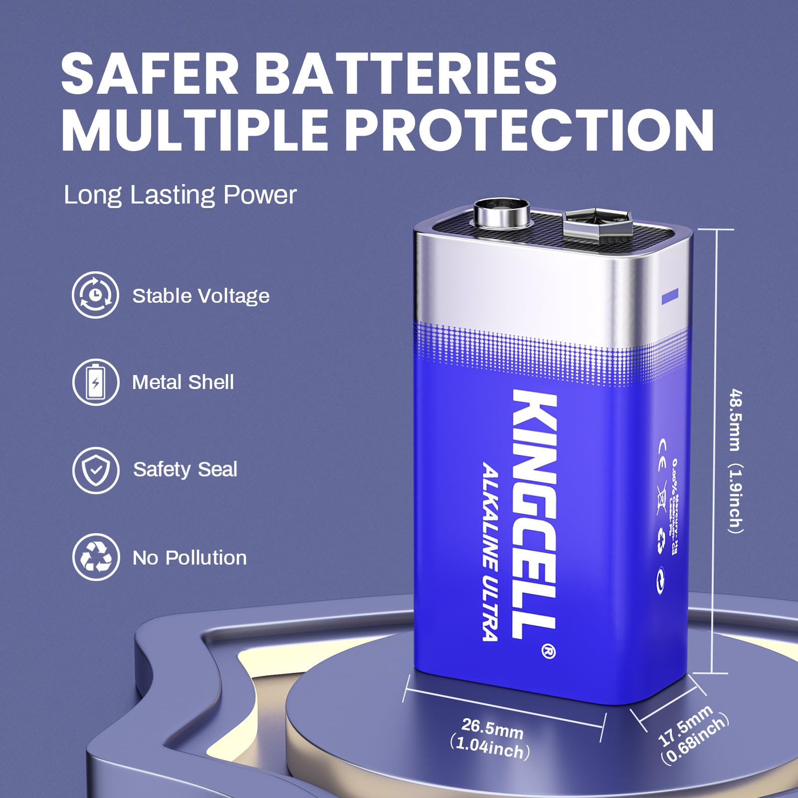 KINGCELL 9V Batteries 4 Pack, Alkaline Hight Performance 9 Volt Battery with 10-Year Shelf Life,Long-Lasting Power 9v Battery for Smoke Detector and Household、Office Devices