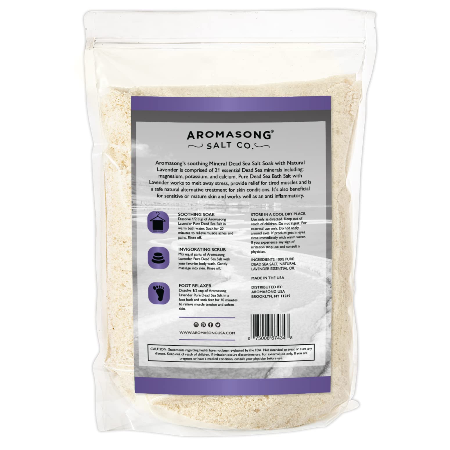 Aromasong Pure Raw Dead Sea Salt for Soaking with 100% Natural Lavender, 2.43 LB - Spa Bath Salt Fine Grain - Body Wash Scrub - Soak for Women & Men- Bulk Resealable Pack