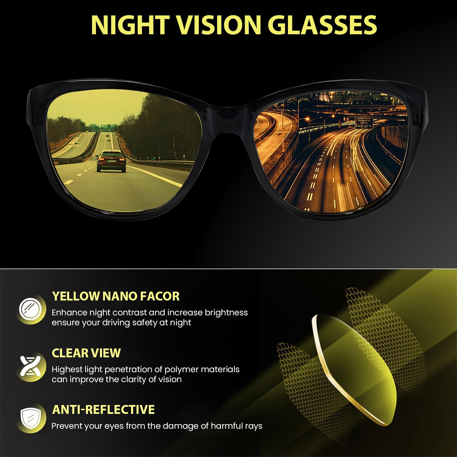 TJUTR Night Vision Driving Glasses for Women, Polarized Yellow Tint Anti Glare Low Light Vision Eyewear for Nighttime Driving