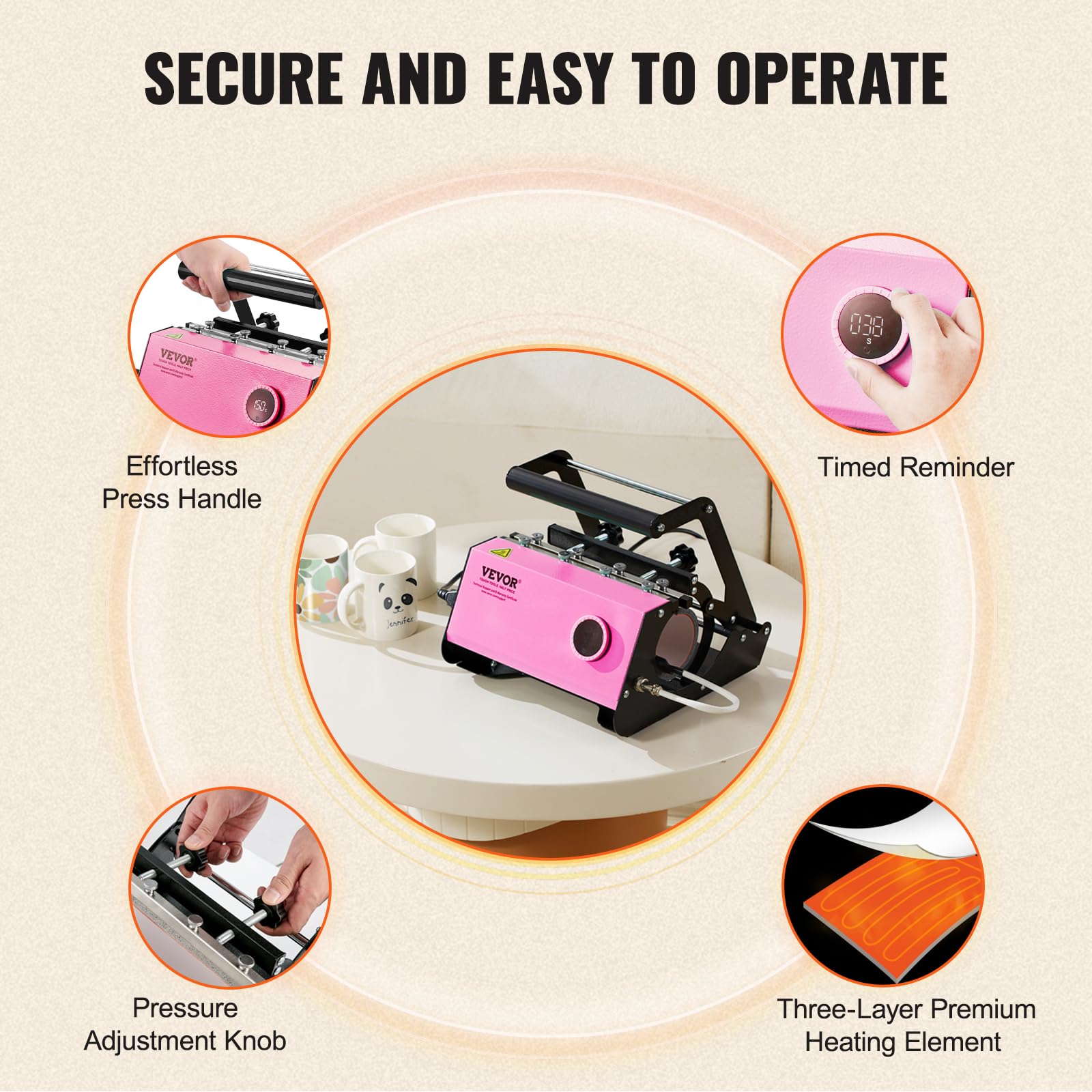 VEVOR Tumbler Heat Press Machine, Tumbler Press for 30OZ 20OZ Sublimation Straight Skinny Tumblers, with Knob Control Temp&Timer Setting for 11-16oz Mugs, Mug Press with Paper Heat Tape Gloves-Pink