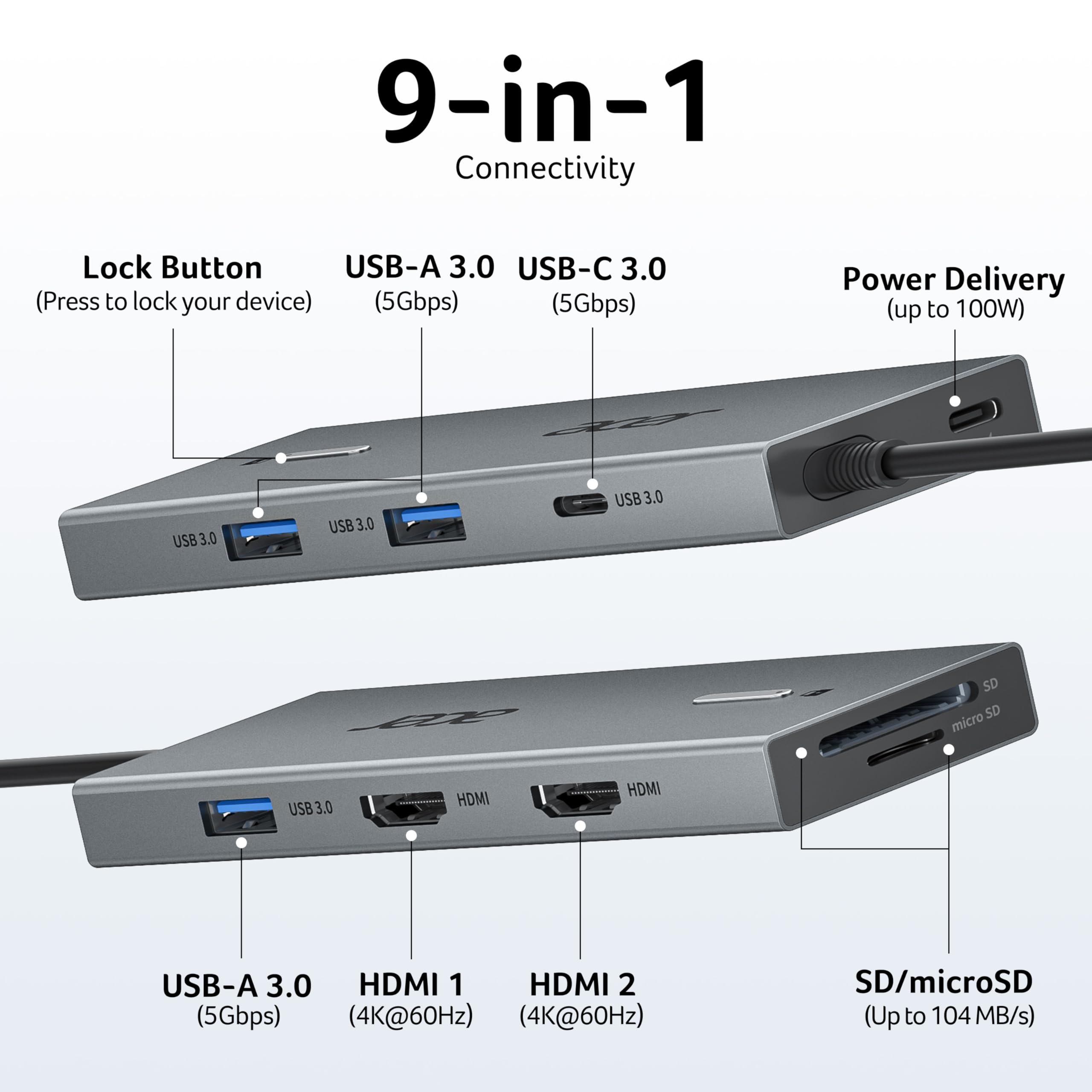 Acer USB C Docking Station Dual Monitor with 2 HDMI, 9-in-1 Laptop Docking Station with 4K@60Hz HDMI, USB A&C 3.0, SD/Micro SD, 100W PD, USB C Dock Compatible with Acer/Dell XPS/HP/Mac/Surface (15cm)