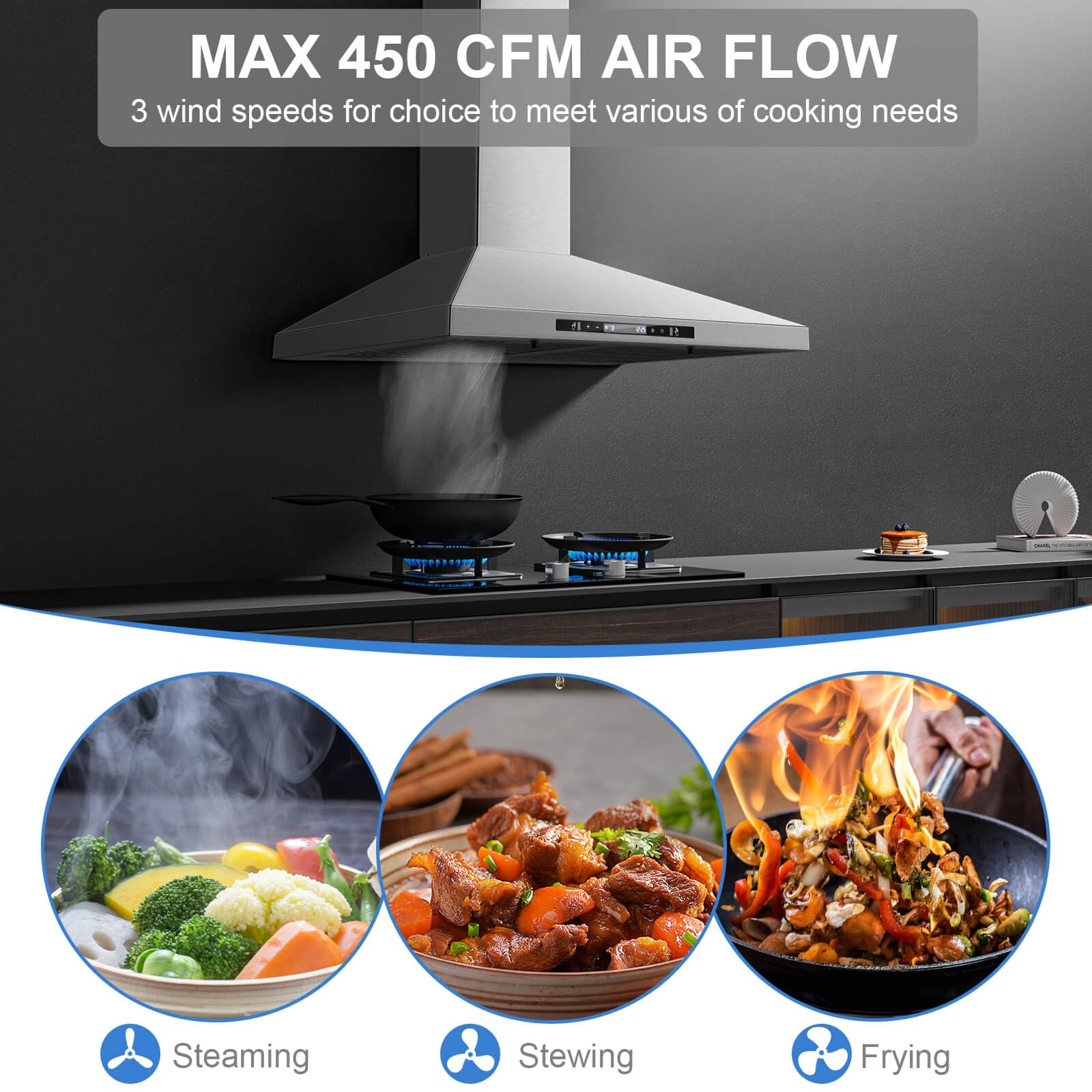 SNDOAS Wall Mount Range Hood 30 inch with Touch and Gesture Sensing Control,Chimney-Style Stainless Steel Range Hood,Vent Hood 30 inch Ducted/Ductless Convertible Kitchen Hood,Baffle Filters
