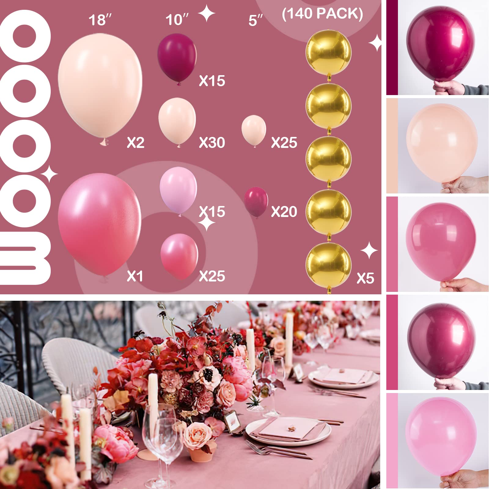 PartyWoo 140 pcs Burgundy & Pink Balloon Kit - Burgundy, Gold, Pastel & Dusty Pink Balloons for Birthday & Wedding Decorations