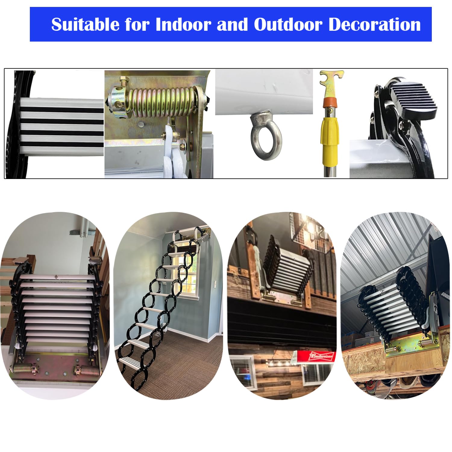 Black Folding Ladder Extension Loft Stairs Narrow Wall-Mounted Attic Loft Stairs Attic Stairs 8.2-9.8ft Vertical Height Pulldown Wall Telescopic Fold Ladder 21.2x5.5in Size, 10+2=12 Steps