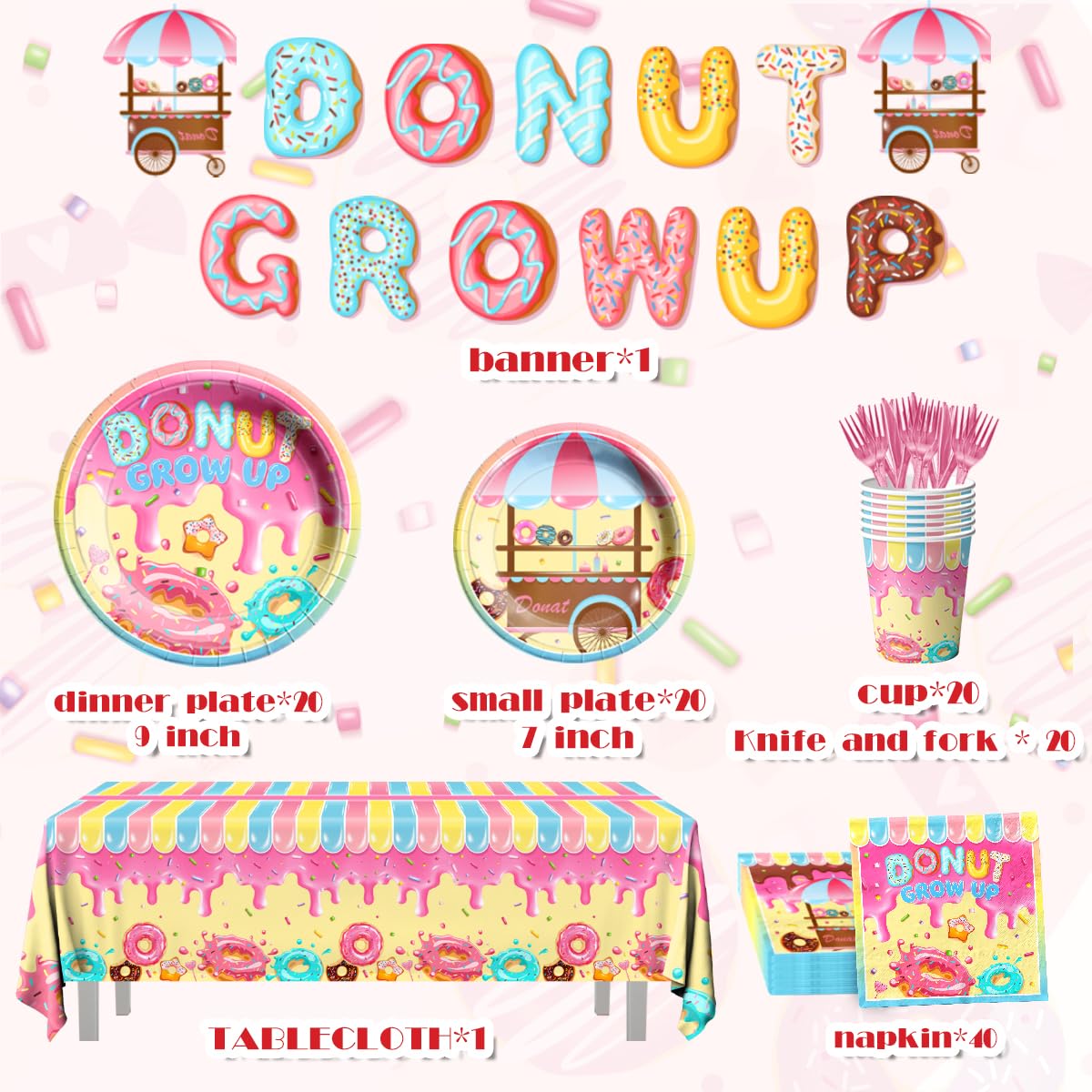 142Pcs Donut Tableware Set Party Supplies Donut Birthday Themed Party Decoration Donut Grow Up Parties Decoration Disposable Tablecloth,Plates,Cups,Napkins,Banner and Cutlery