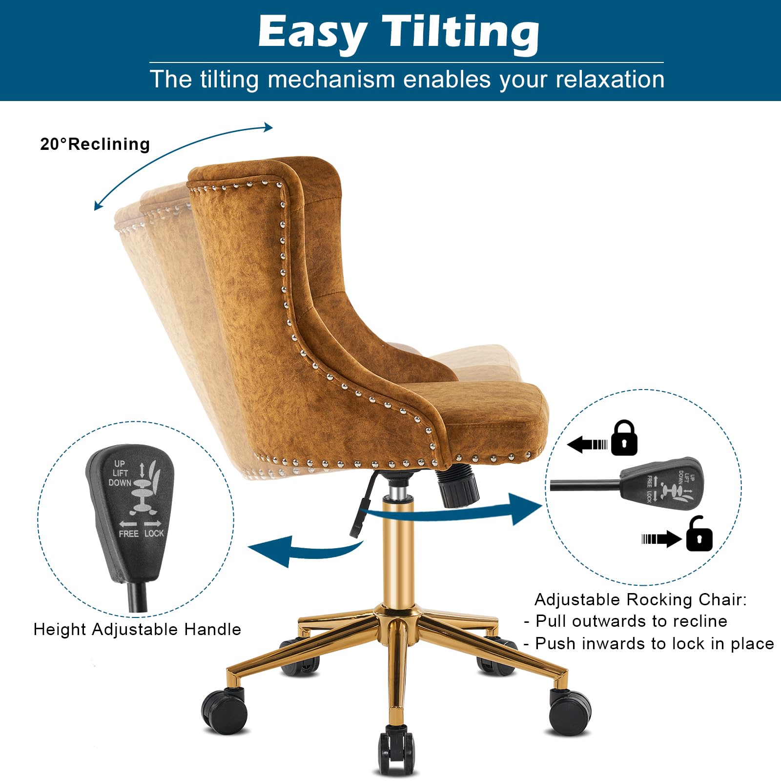 VINGLI Mustard Velvet Armless Home Office Desk Chair with Gold Base/Wheels, Small Cute Vanity/Makeup Chair with Back for Bedroom, Upholstered Adjustable Rolling Swivel Nail Chair for Women/Girls