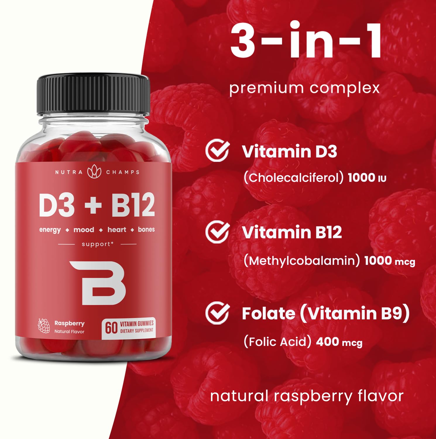 NutraChamps Vitamin D3 & B12, Methyl B12 Gummies for Adults & Kids, Enhanced with Vitamin D 3 & B9 Vitamin Folate, Natural Energy, Mood, Metabolism & Focus, Raspberry, 60 Gummies