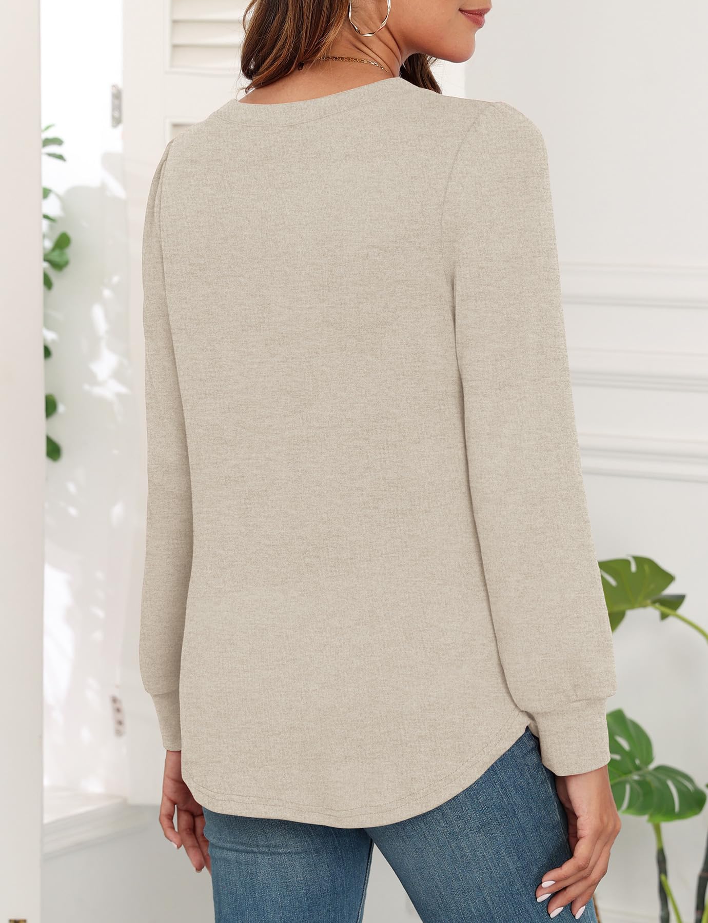 WEACZZY Long Sleeve Shirts for Women Beige Tops Dressy Casual Cute Crew Neck Blouses Work Shirts Loose Tunic Fall Outfits M