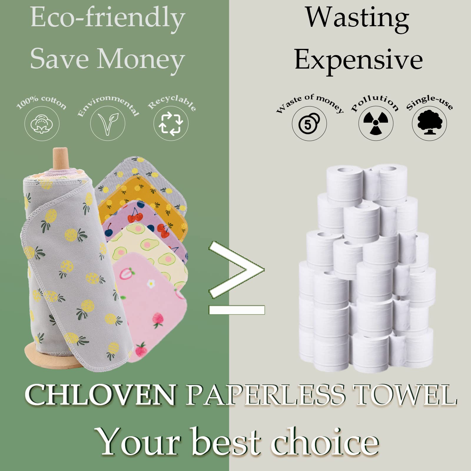 Paperless Towels Roll Washable Cotton Cloth, Reusable Paper Towels - 25 Pack with Durable Cardboard Roll - 10" X 10" Zero Waste Reusable Napkins Eco Friendly