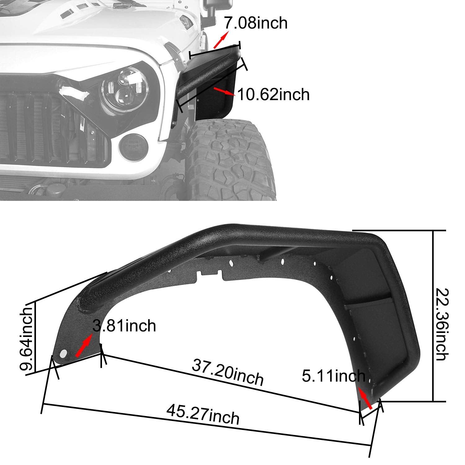 Hooke Road JK Tubular Tube Fender Flares Front & Rear Kit for 2007-2018 Jeep Wrangler JK 2/4 Doors Textured Black Solid Wheel Fenders