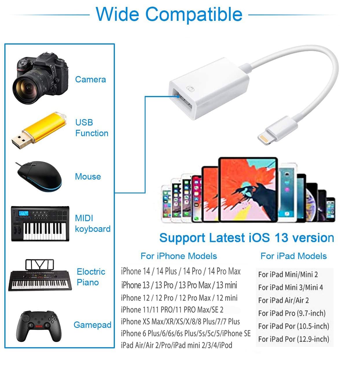 Naiyal Lightning to USB Camera Adapter, Apple MFi Certified USB OTG Cable Converter for iPhone 14 13 12 11 Pro Max XS XR X 8 iPad, Support Camera, Card Reader, USB Flash Drive, MIDI Keyboard