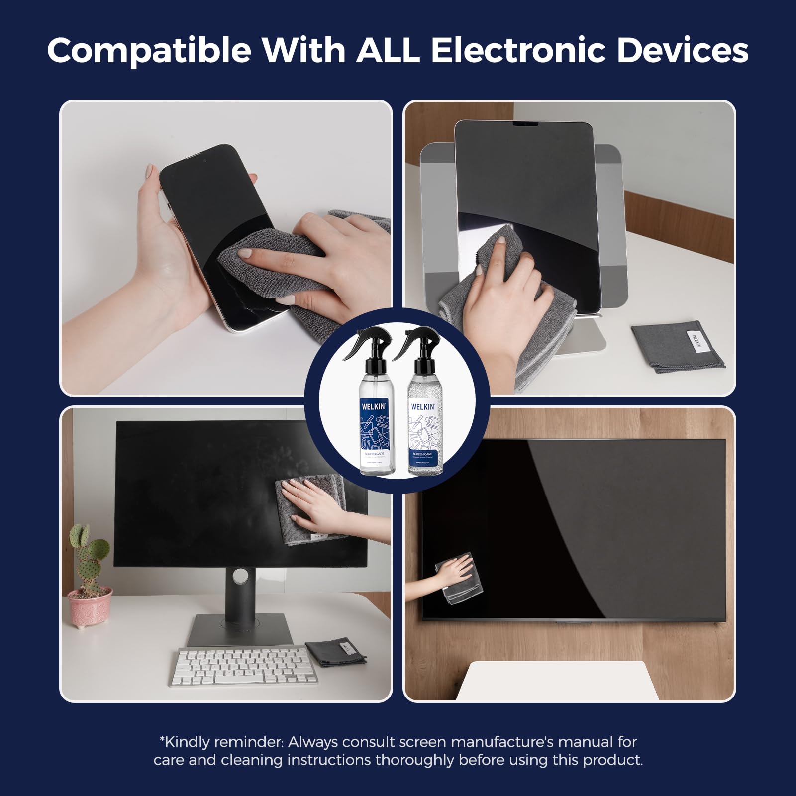 WELKIN Screen Cleaner Spray Kit(8.4 oz + 8.4 oz)- Cleaning Mist and Gel for TV, Laptop, Computer, Phone Touchscreen - 2 Sprayers,1 Microfiber Cloth & 1 Glass Wipe Included