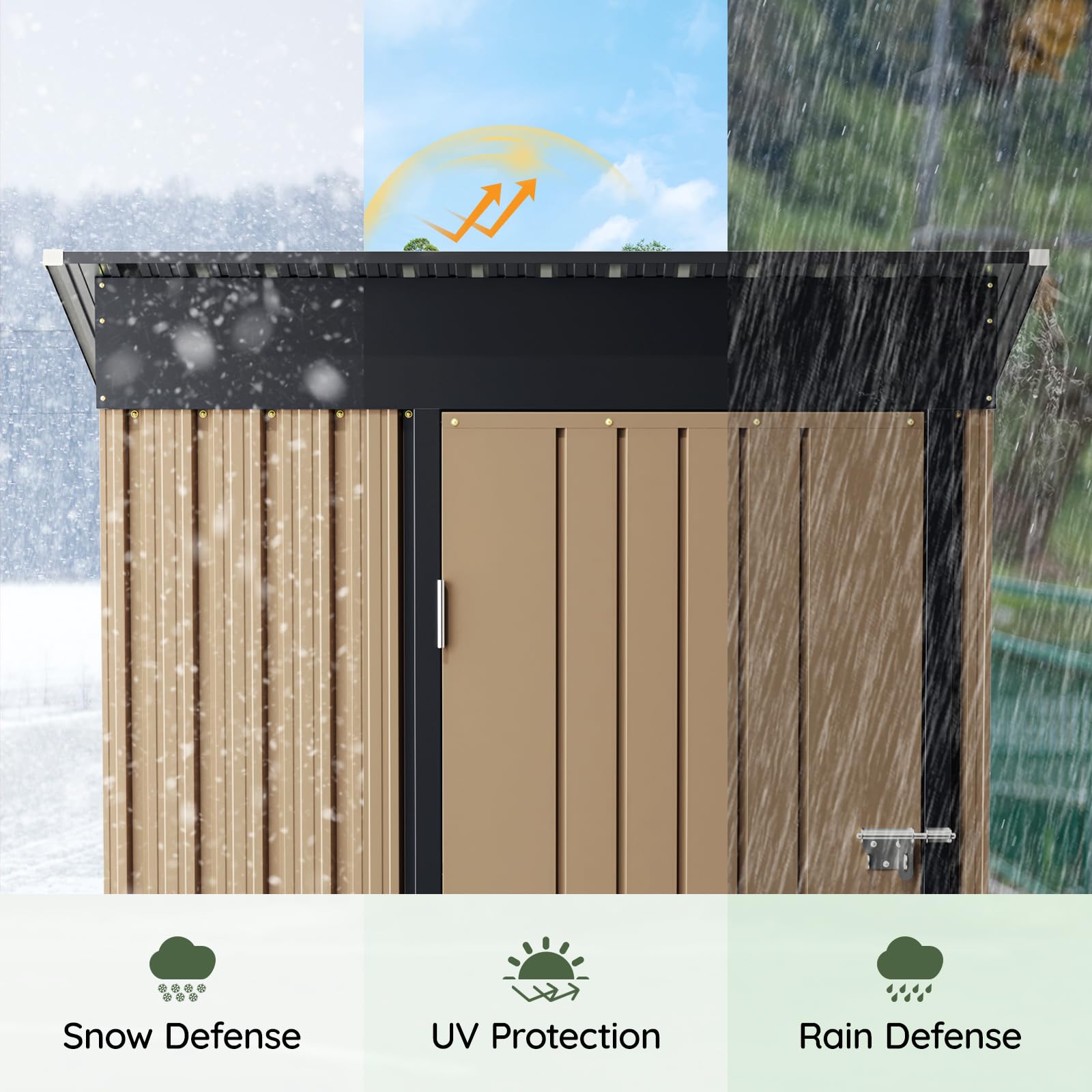 Grovellis 3x5 FT Outdoor Metal Storage Shed with Floor Frame, Single Door, 1 Clear Window, Tool Shed for Garden, Patio, Backyard Brown
