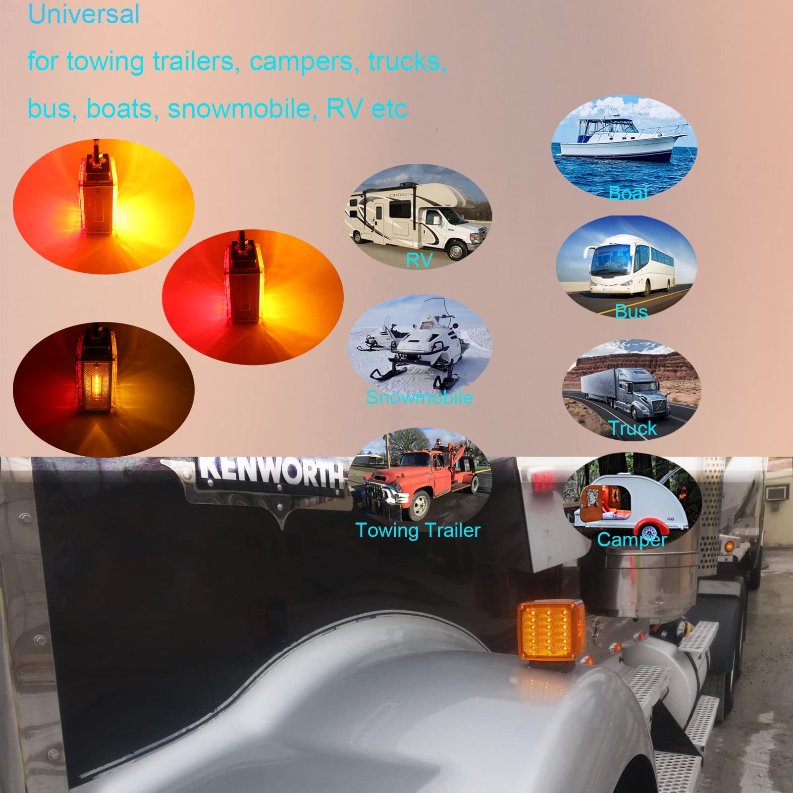 2 PCS Amber/Red Double-Face Pedestal Fender Light with Stud Mount, Square 52 LED Stop Turn Tail Signal Trailer Light for Semi Trucks Peterbilt Kenworth Freightliner Towing Dual-Face Orange Waterproof