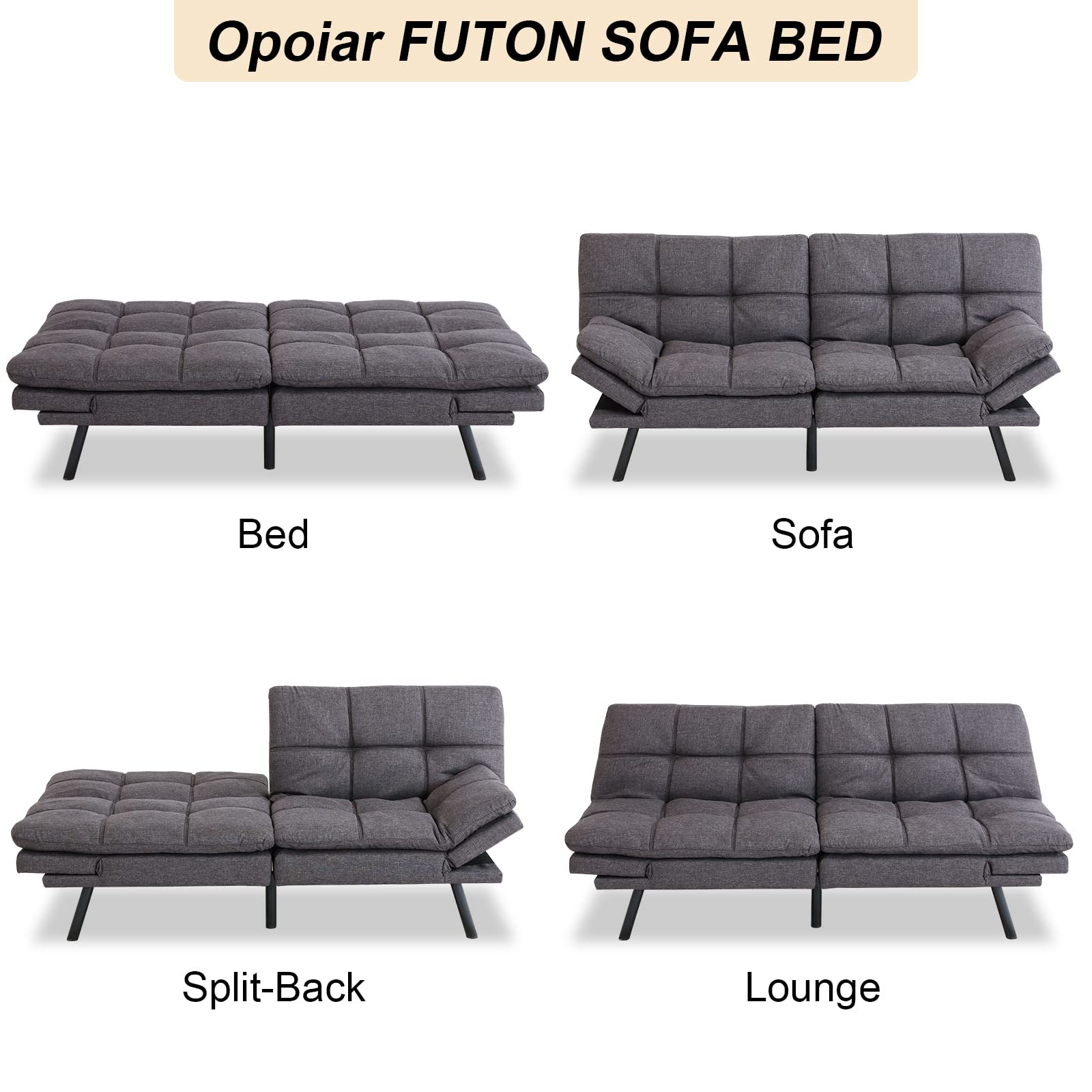 Opoiar Futon Sofa Bed Memory Foam Couch Bed Loveseats Convertible Modern Futon Couch Small Sleeper Sofa with Arm Rest, Metal Legs, Grey Futons for Small Space