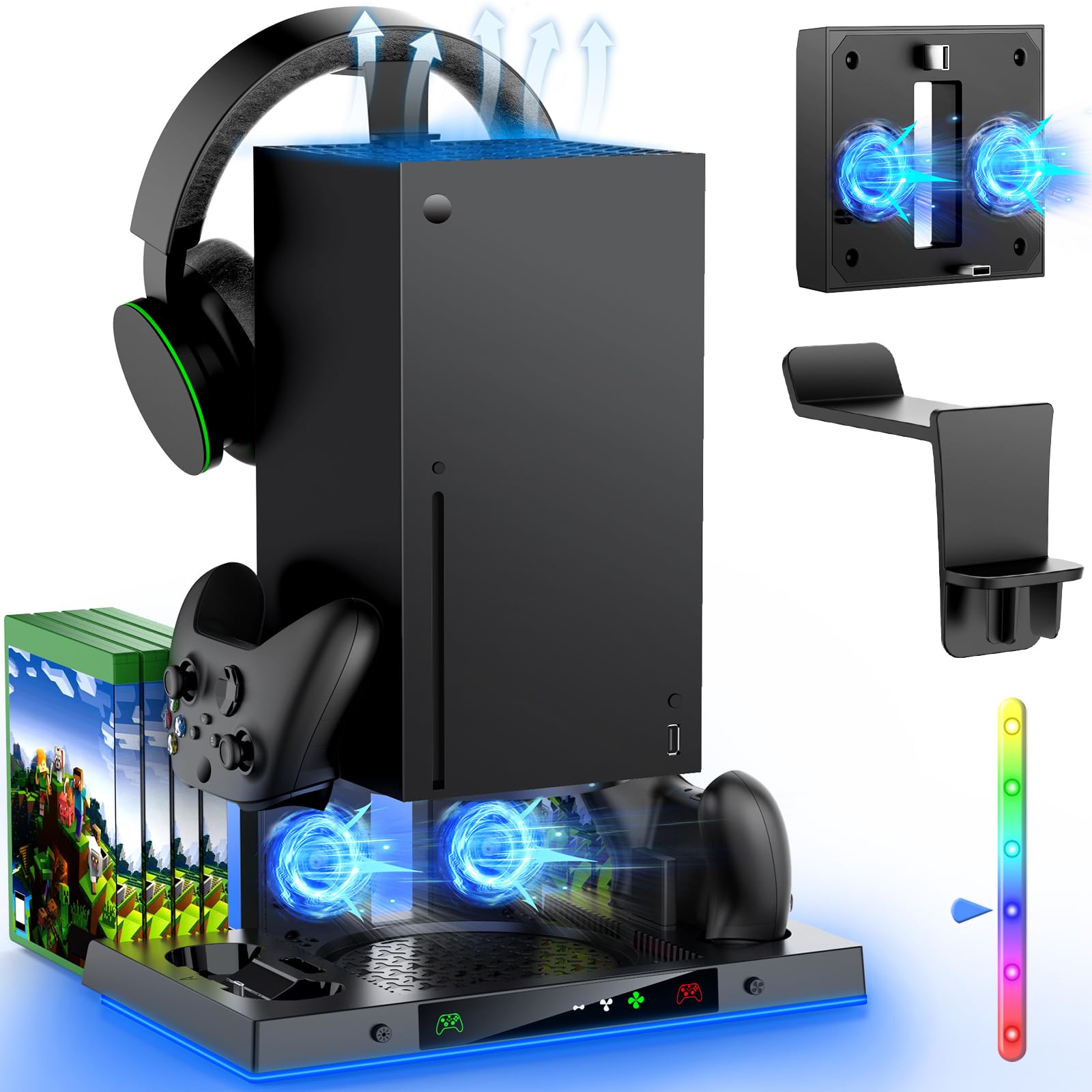 MENEEA Upgraded Cooling Fan Charging Station for Xbox Series X Console & Controller, Dual Charger Dock & Cooler System Stand with 15 Colorful Lights for Xbox Series X Accessories Kit