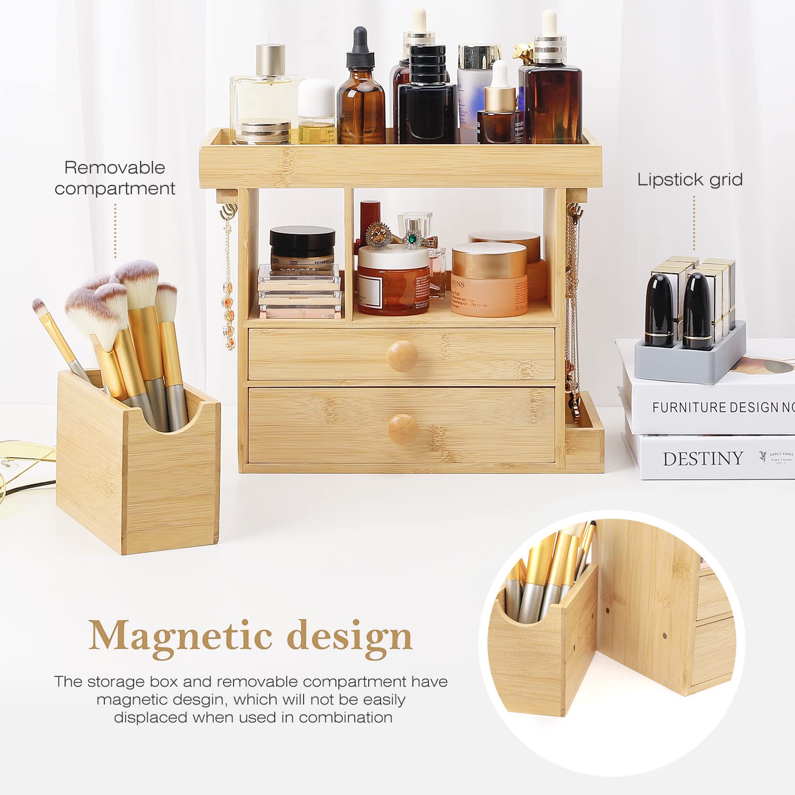 Homde Bamboo Makeup Organizer Cosmetic Jewelry Storage Organizer Multi-Function Make up Box Stand for Vanity, Desk, Bathroom, Bedroom with Hooks,Drawer,Silicone Lipstick Holder