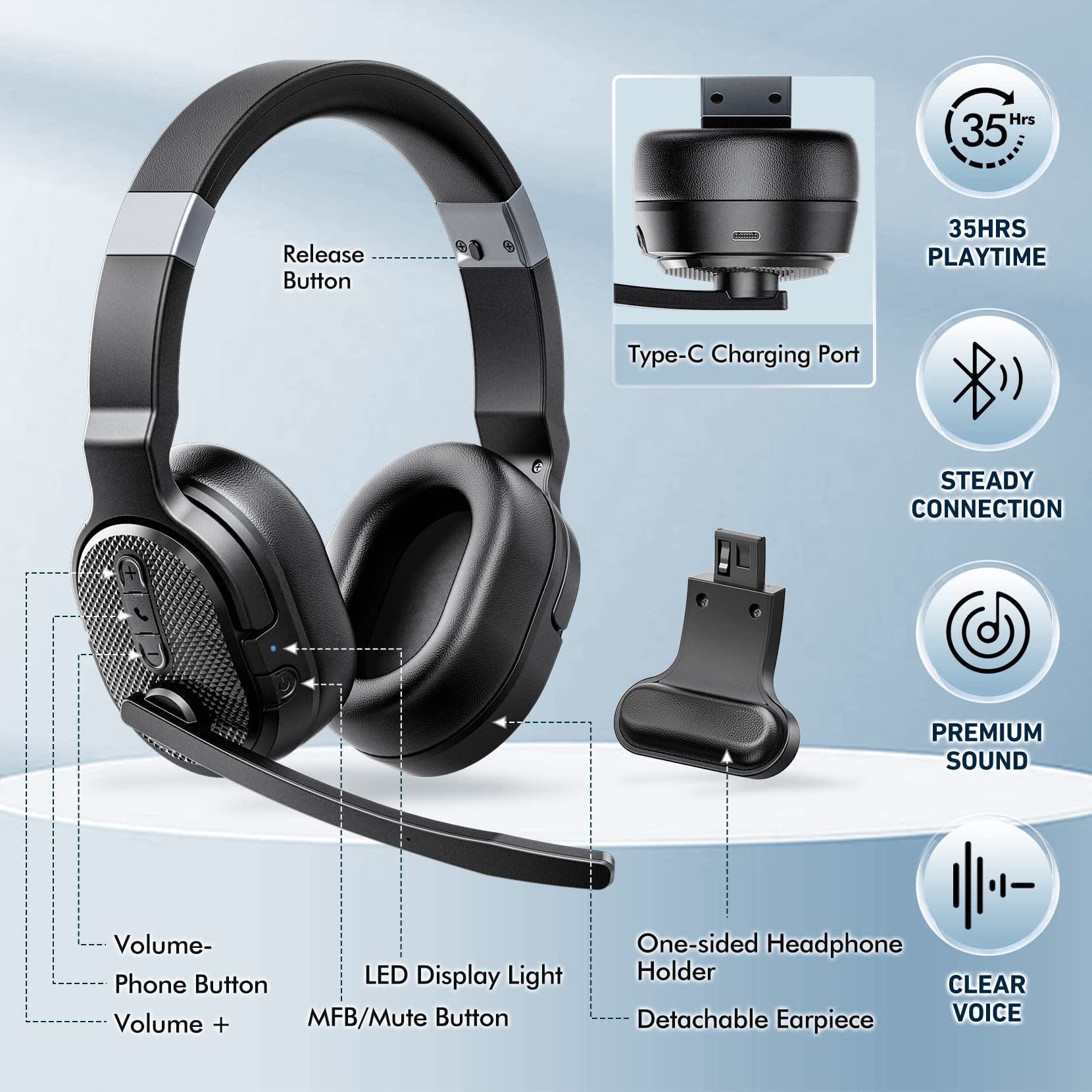 COSMUSIS Trucker Bluetooth Headset, Wireless Headsets with Noise Cancelling Microphone, 40+Hrs HD Talktime Bluetooth Headphones with Detachable Earpad/Single+Dual Mode for Office/Driving/Home