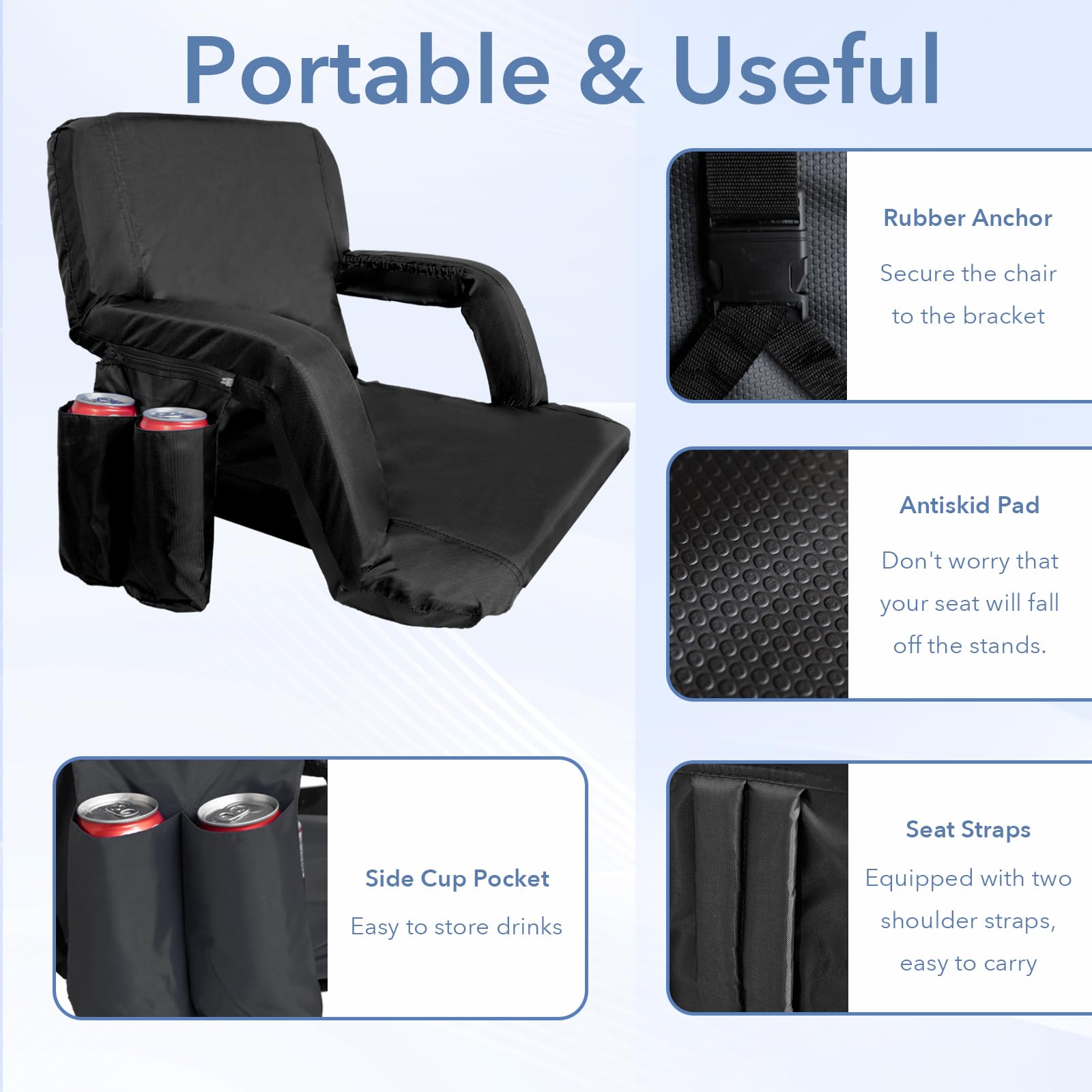 Set of 2 Stadium Seats for Bleachers with Back Support, Padded Cushion Portable Reclining Bleacher Seats, Outdoor Folding Chairs for Adults, Camping Stadium Chair Waterproof (Black)