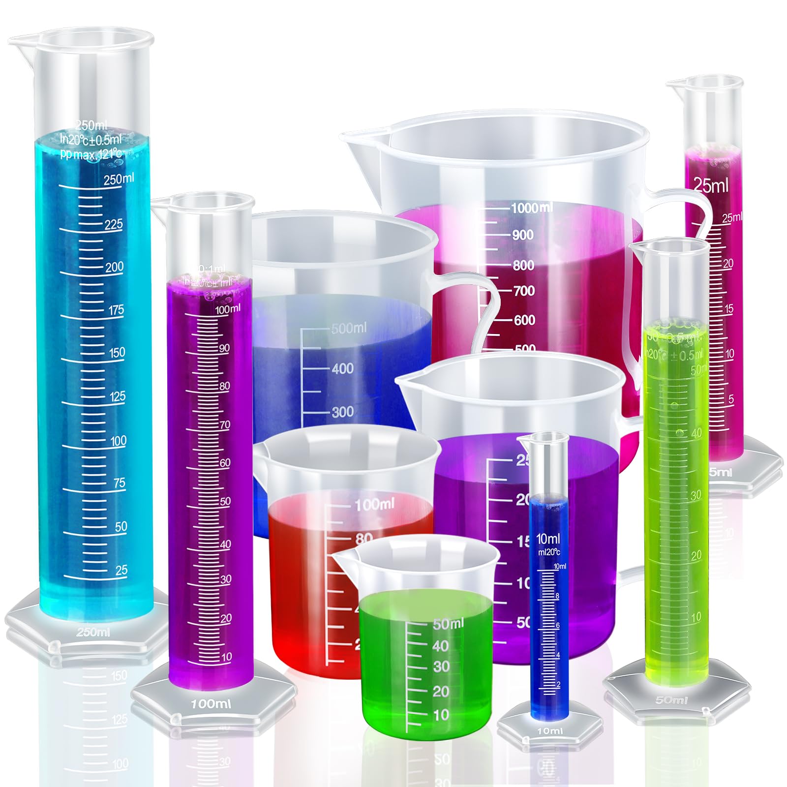 Teenitor Graduated Cylinder Plastic Beaker, 5pcs Plastic Graduated Cylinder 10ml 25ml 50ml 100ml 250ml and 5pcs Plastic Beakers 50ml 100ml 250ml 500ml1000ml Clear 10pcs