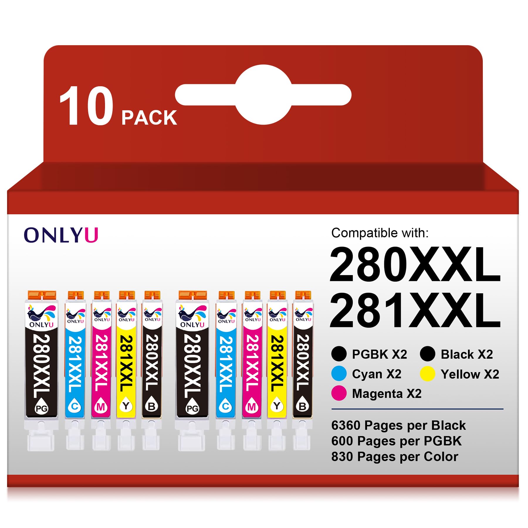 ONLYU Compatible Ink Cartridge Replacement for Canon 280 281 PGI 280 XXL CLI 281 XXL for PIXMA TR8520 TR7520 TS6120 TS6220 TS6320 TS8120 TS8220 TS9120 TS9520 TS9521C TS702 Printer (10 Pack)