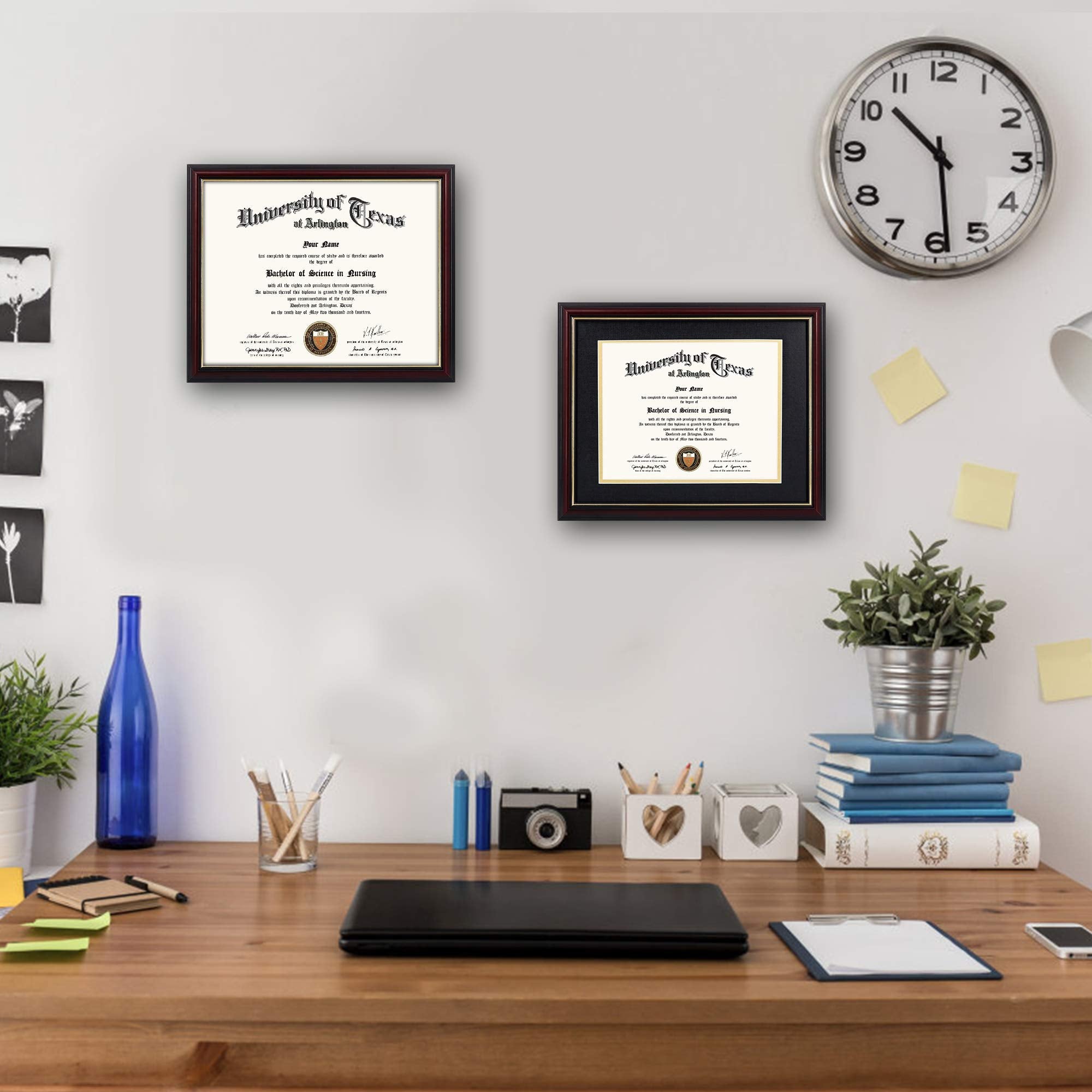 GraduationMall 8.5x11 Diploma Frame with Black over Gold Mat or Display 11x14 Certificate without Mat,Solid Wood & UV Protection Acrylic,Cherry Finish with Gold Trim
