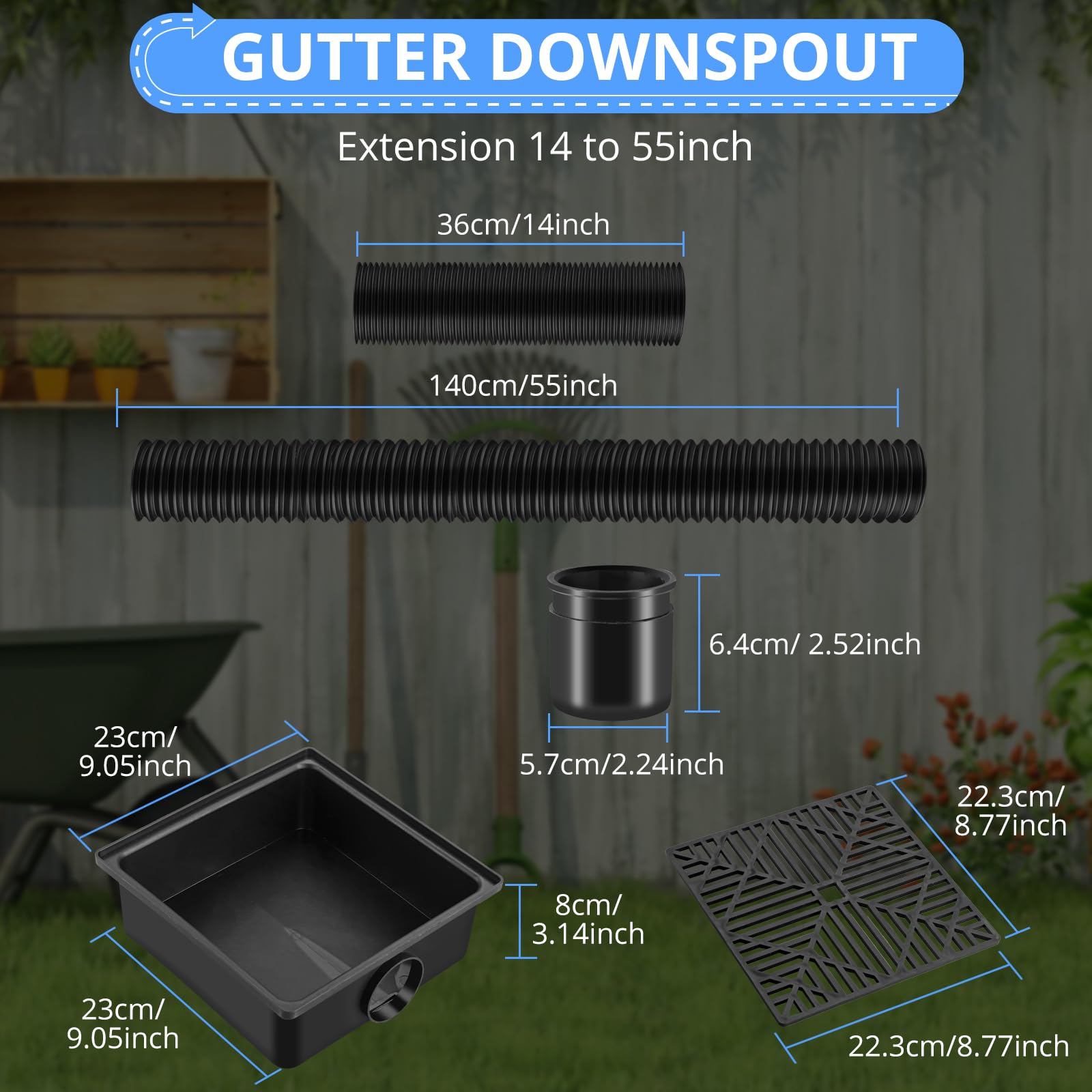 CAMWAY Gutter Downspout Extensions 14 to 55inch,Sturdy Catch Basin Low Profile Rain Drain Downspout Extender,Flexible Rainwater Sink Downspout Extension Pipe,No Dig