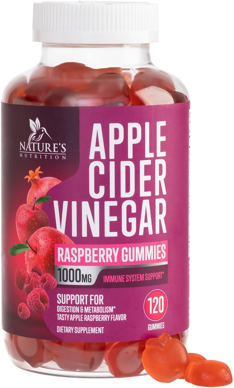 Vegan Apple Cider Vinegar Gummies 1000mg for Detox & Cleanse, ACV Gummy Vitamin B12 for Digestion Metabolism & Immune Health Support, Natural Apple Raspberry Flavor, Gluten Free - 120 Gummies