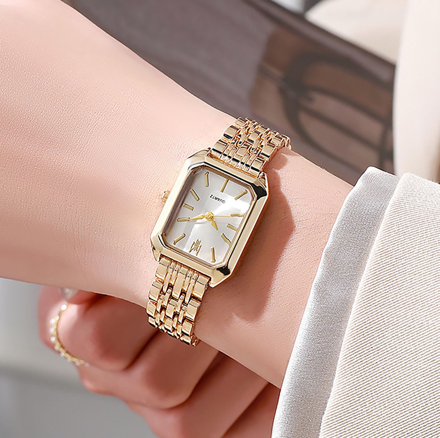 BESTKANG Watches for Women Wrist Watches Steel Strap Womens Watch Casual Fashion Simple Square Quartz Wristwatch (Gold-White)