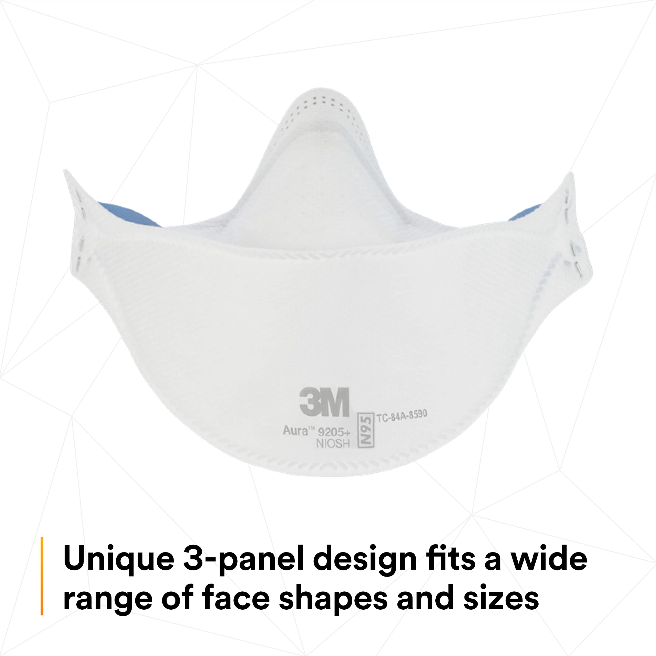 3M Aura Particulate Respirator 9205+, N95, Pack of 20 Disposable Respirators, Individually Wrapped, 3 Panel Flat Fold Design Allows for Facial Movements, Comfortable, NIOSH Approved, Smoke