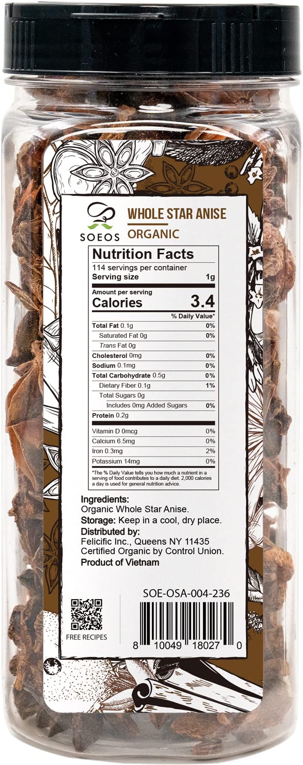 Soeos Organic Star Anise, Whole Star Anise 4 oz (114g), Chinese Star Anise Pods, Star Anise Organic Whole, Non-GMO Verified, Dried Star Anise for Beverages, Cooking, Baking