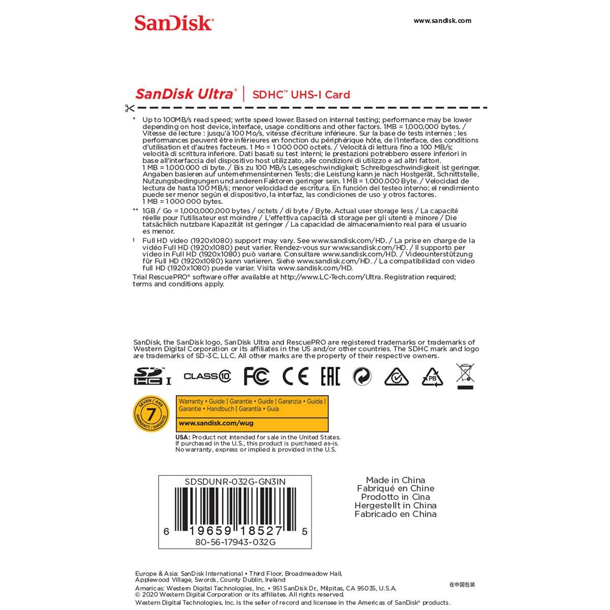 SanDisk 32GB Ultra 100MBs SDHC Memory Card