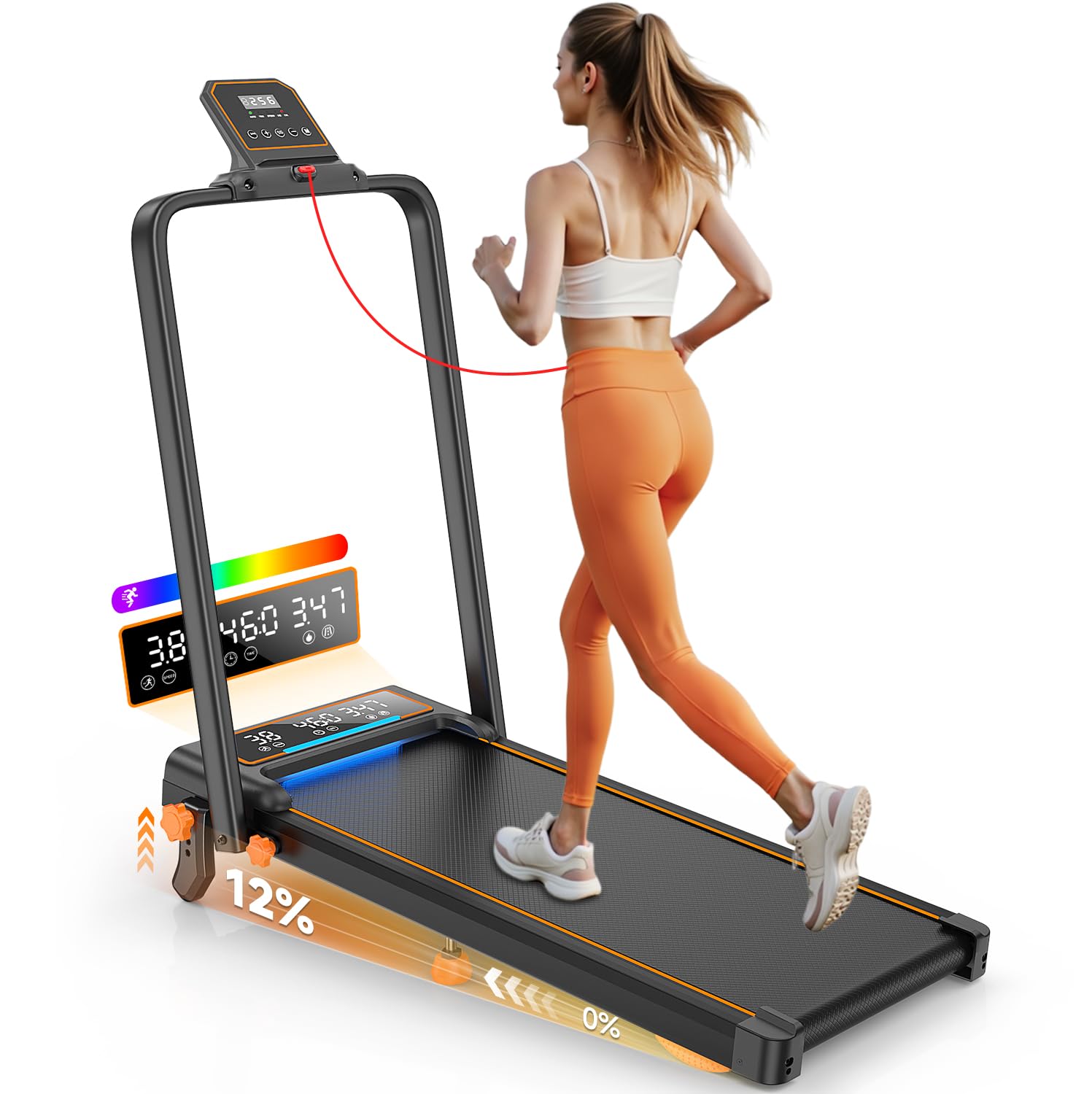 Treadmill Walking Pad with 12% Incline/Handle Bar/2 LED Display, 3.5HP Portable Treadmills for Home Small, Foldable Walking Pad Treadmill 350+lb Capacity, Smart App, 4 Adjustable Incline, RGB Light