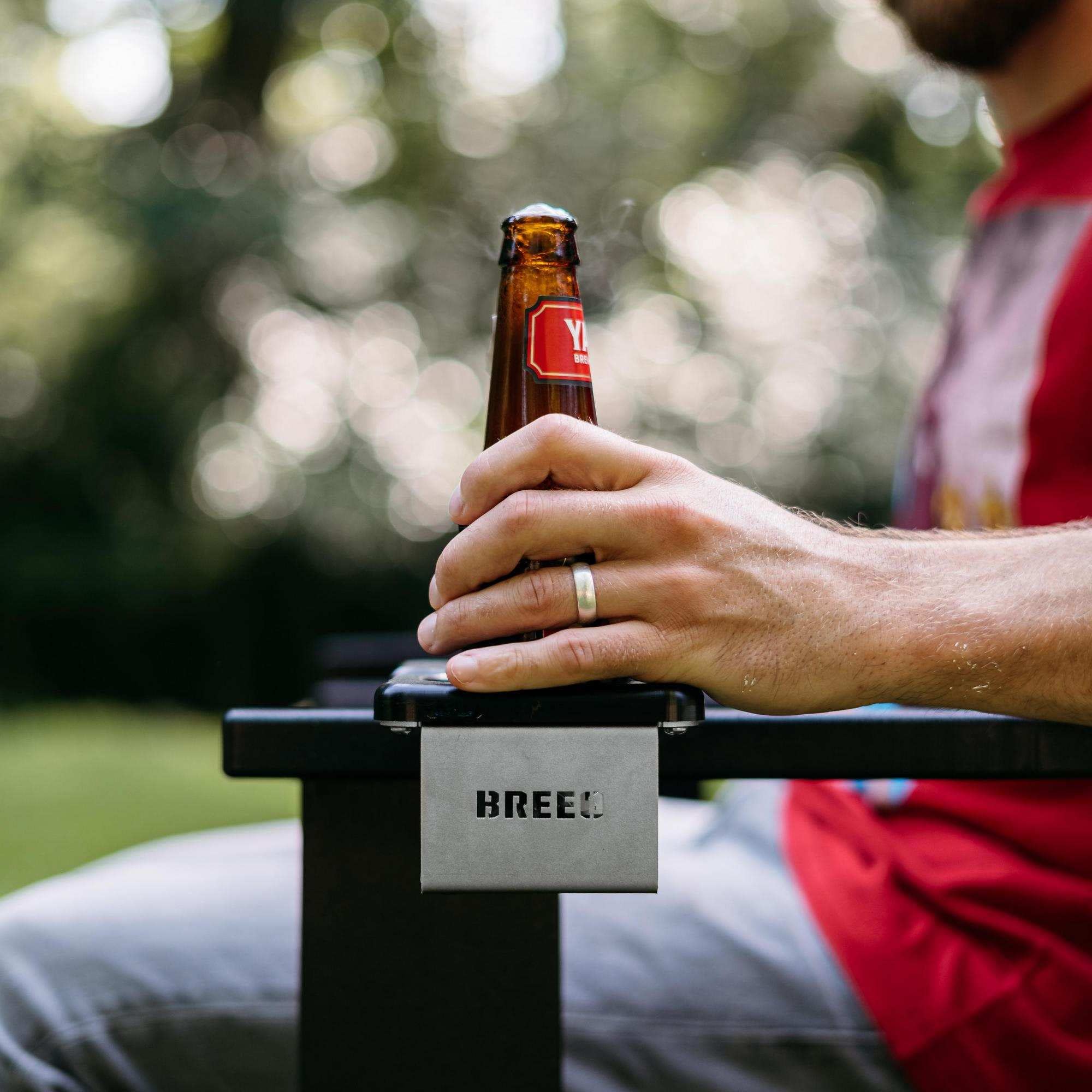 Breeo OutRig Cupholder - Outdoor Drink Holder for Camping Chairs - Black Poly Lumber & Stainless Steel - USA Made for Campfire & Fire Pit Use - Weather Resistant, Universal Attachment, Handmade