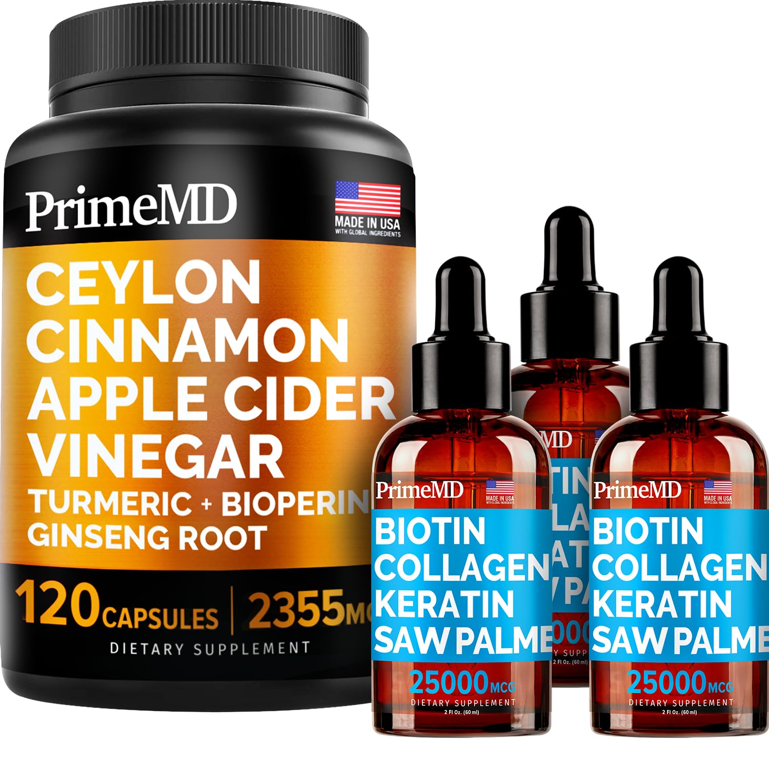 4-in-1 Liquid Biotin Collagen Keratin Saw Palmetto Drops (2 fl oz - 3 Pack) & 5-in-1 Ceylon Cinnamon w Turmeric & Ginseng Root (120ct) Bundle - Hair, Skin, Nails, & Immune Support Supplement