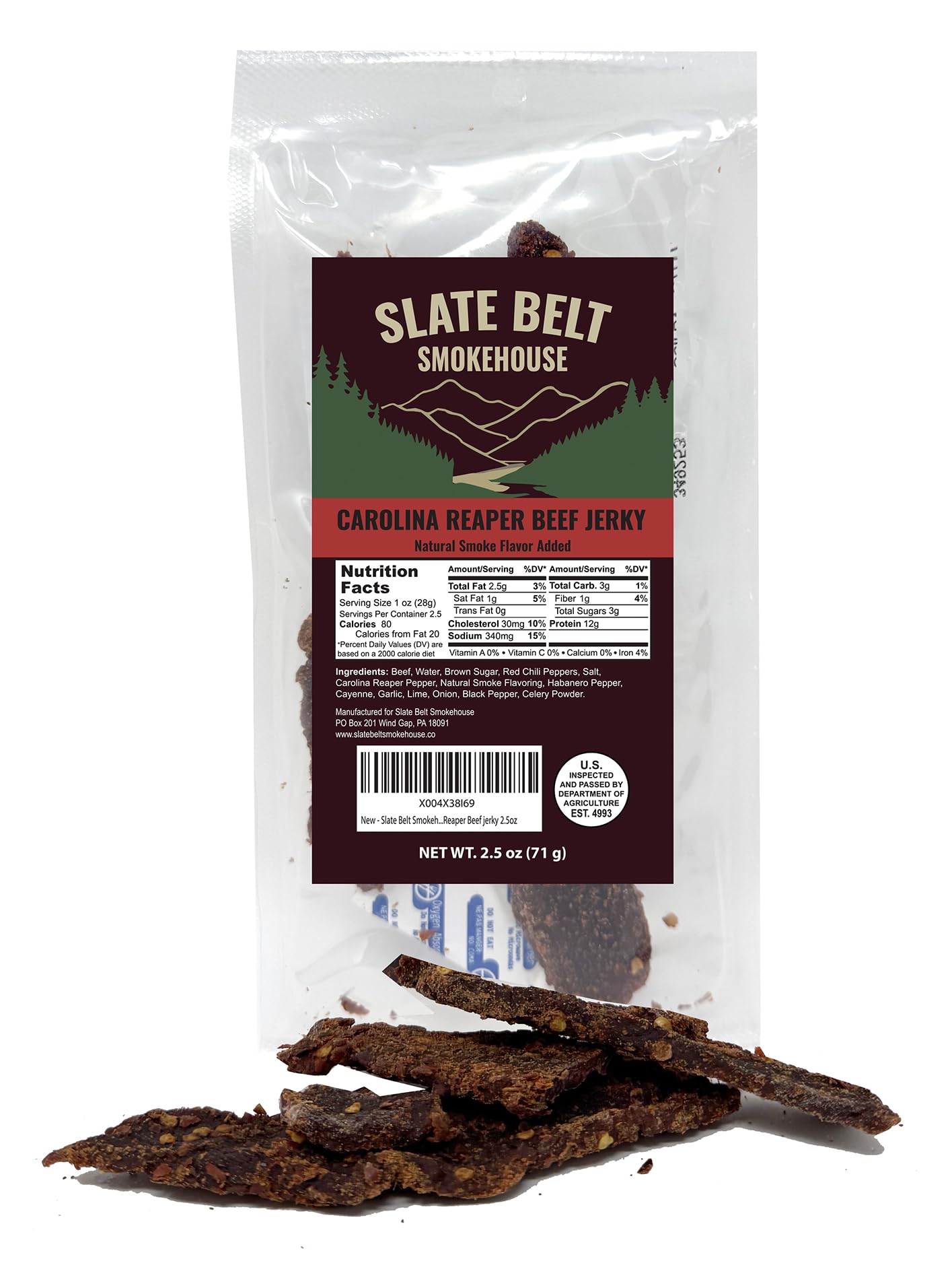 Slate Belt Smokehouse Carolina Reaper Jerky, Spicy Beef Jerky with Serious Heat 2.5 Ounce