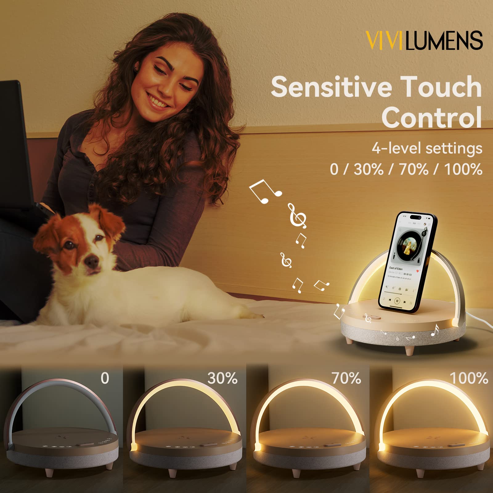 Vivilumens Birthday Gifts for Women, 5 in 1 Bedside Lamps with Wireless Charger Bluetooth Speaker White Noise Machine, Dimmable Touch lamp with Phone Holder, Personalized Night Light (Rosy Beige
