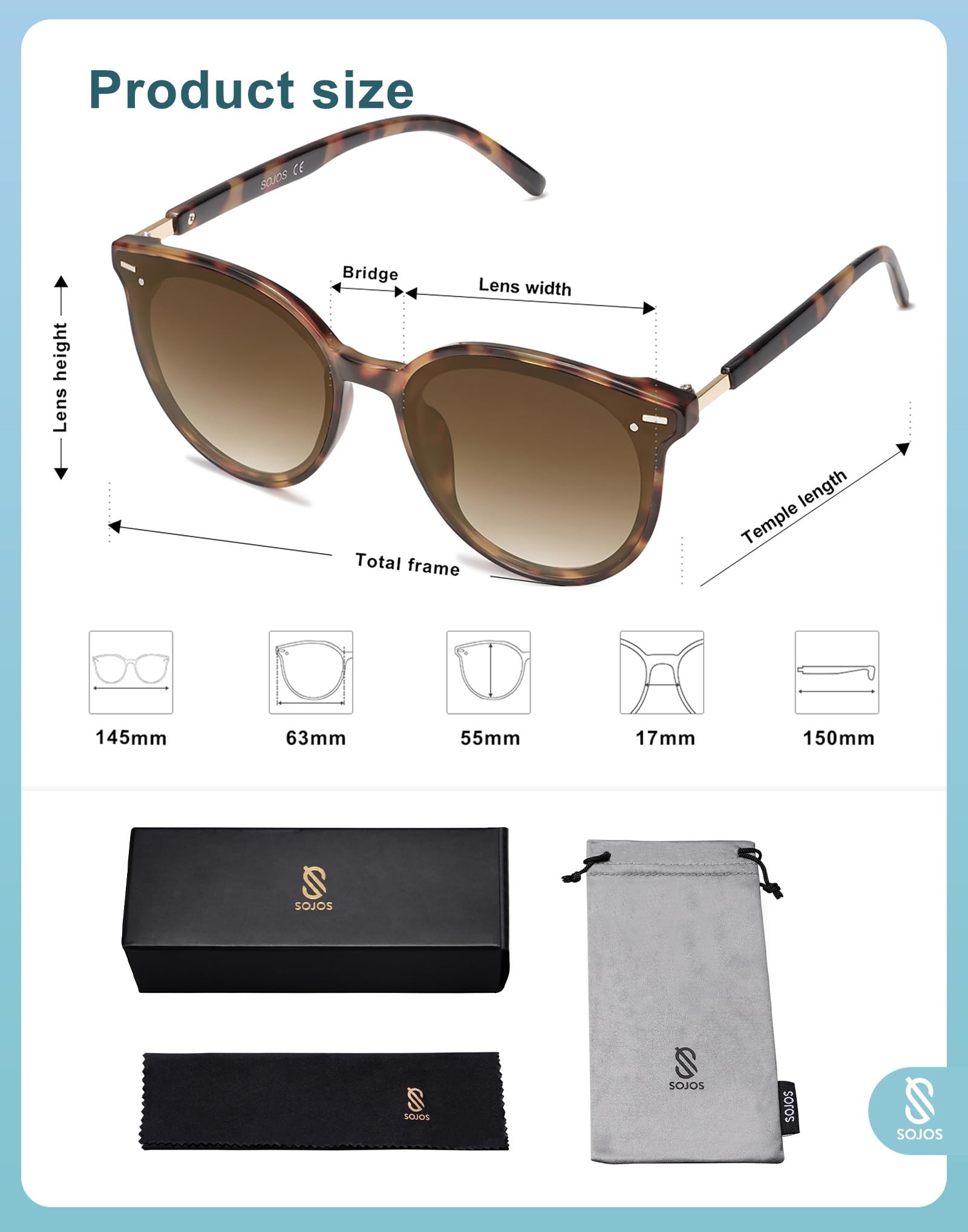 SOJOS Classic Round Sunglasses for Women Men Retro Vintage Large Plastic Frame BLOSSOM SJ2067 with Yellow Tortoise Frame/Gradient Brown Lens