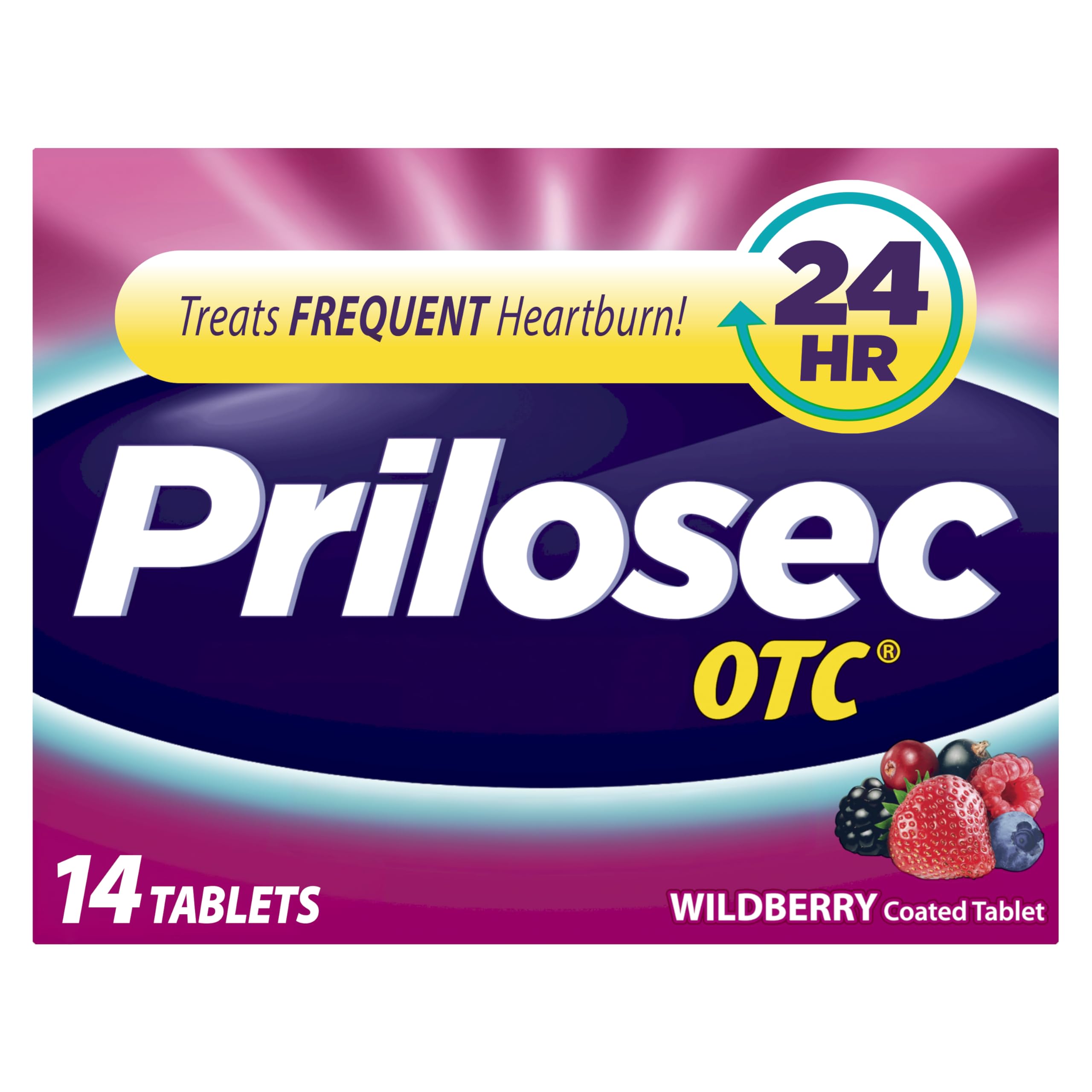 Prilosec OTC, Omeprazole Delayed Release 20mg, Acid Reducer, Treats Frequent Heartburn for 24 Hour Relief, All Day, All Night*, Wildberry Flavor, 20mg, 14 Tablets
