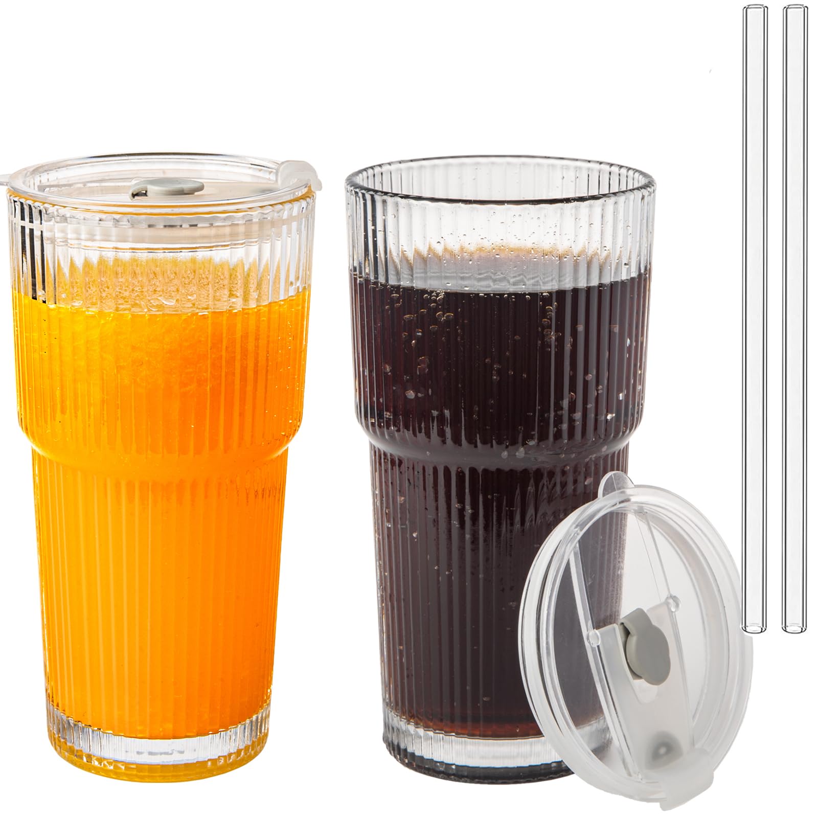 CAYOREPO 20oz Ribbed Glass Cups with Lids and Straws 2 Set, Vintage Glassware for Whiskey Cocktail Beer, Glass Tumbler, Iced Coffee Cups For Cold Drinks, Smoothie, Juice,Drinking (2)