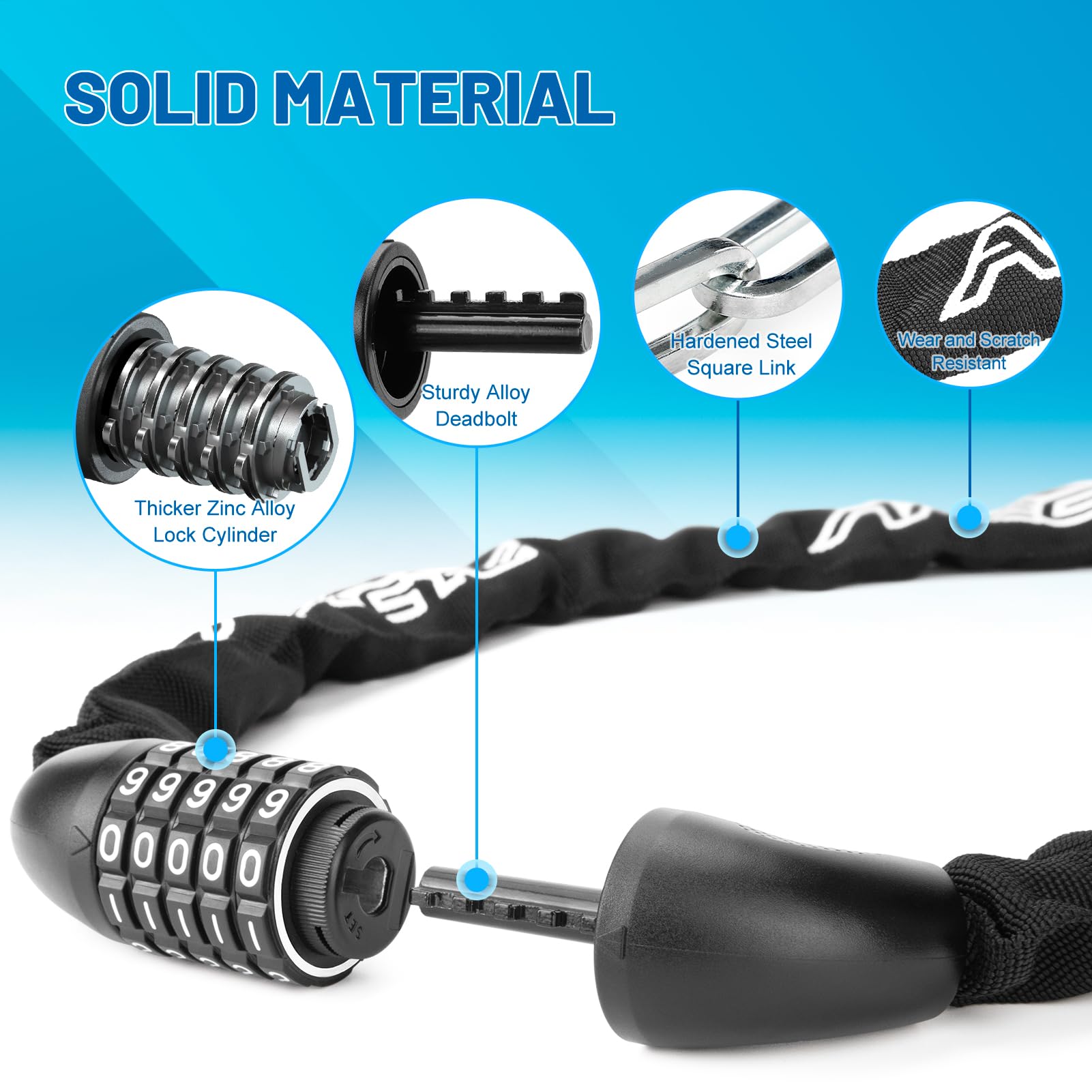APECYC Bike Chain Lock 5 Digit Combination Bike Locks Heavy Duty Anti Theft 4 ft/47.2 inch Longer Chain Bicycle Lock Hardened Steel Bike Lock for Scooter, E-Bike, Motorcycle, Bicycle