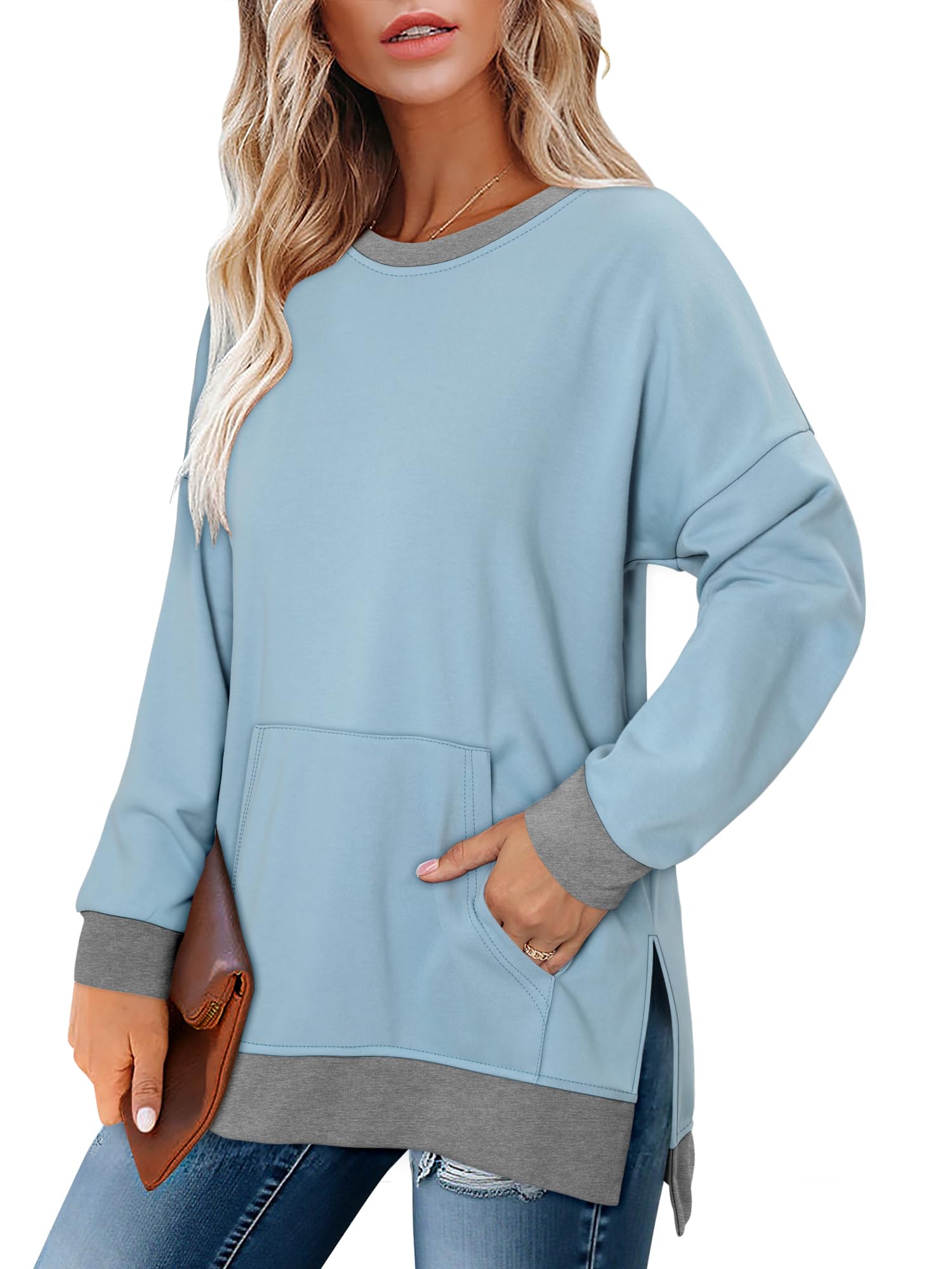 BETTE BOUTIK Cozy Long Sleeve Sweatshirt Women Side Slit Shirts spring winter pocket Tops for Women long Sweatshirt MoonBlue Large