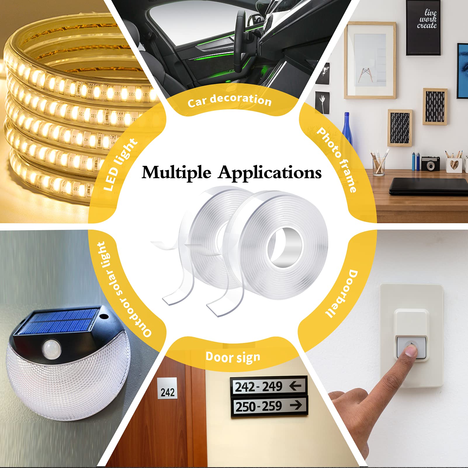 KUSUFEFI Double Sided Adhesive tape Heavy Duty, Double Stick Mounting (2 Rolls, Total 20FT), Clear Two Sided Wall tape Strips, Removable Poster tape for Home, Office, Car, Outdoor Use