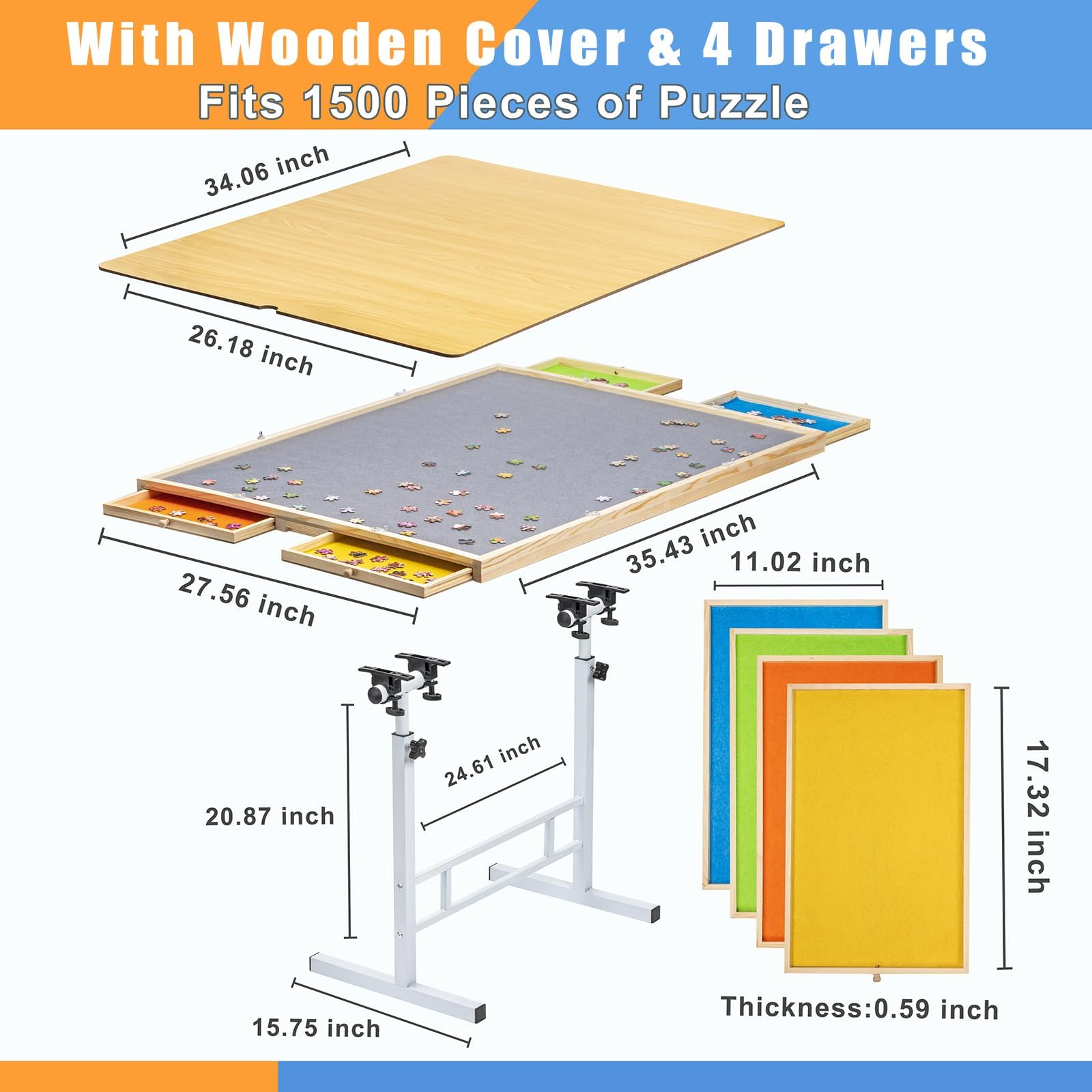 Fanwer Adjustable Puzzle Table with Drawers 1500 Piece, Angle & Height Adjustable Jigsaw Puzzle Table with Metal Legs | 35"x26" Tilting Puzzle Board for Adults and Children, for Birthday