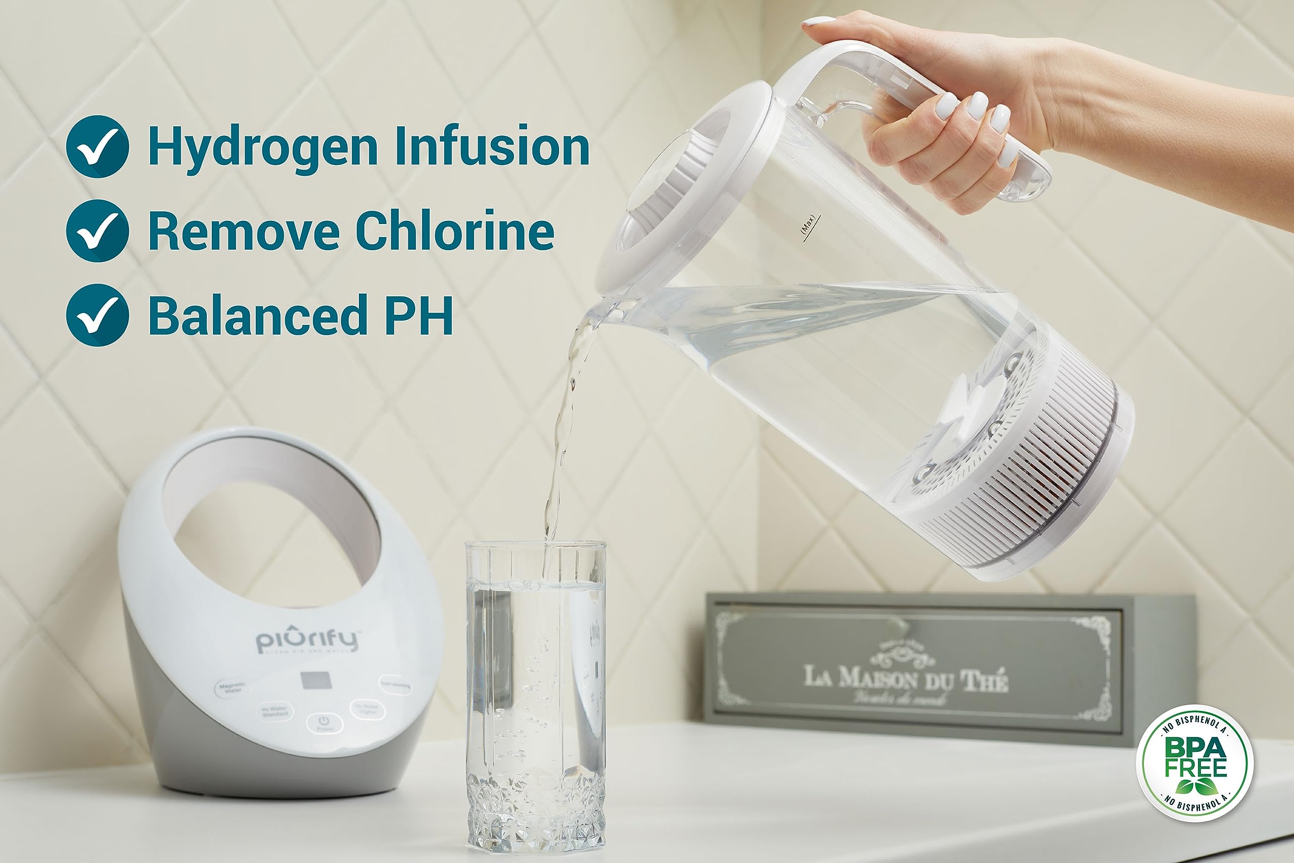 PIURIFY Hydrogen Water Pitcher - Rich Hydrogen Water Generator Electrolysis Jug BPA Free with SPE/PEM Technology. Hydrogen Water Machine, Balanced PH Levels and Filtered with Calcium Sulfite.